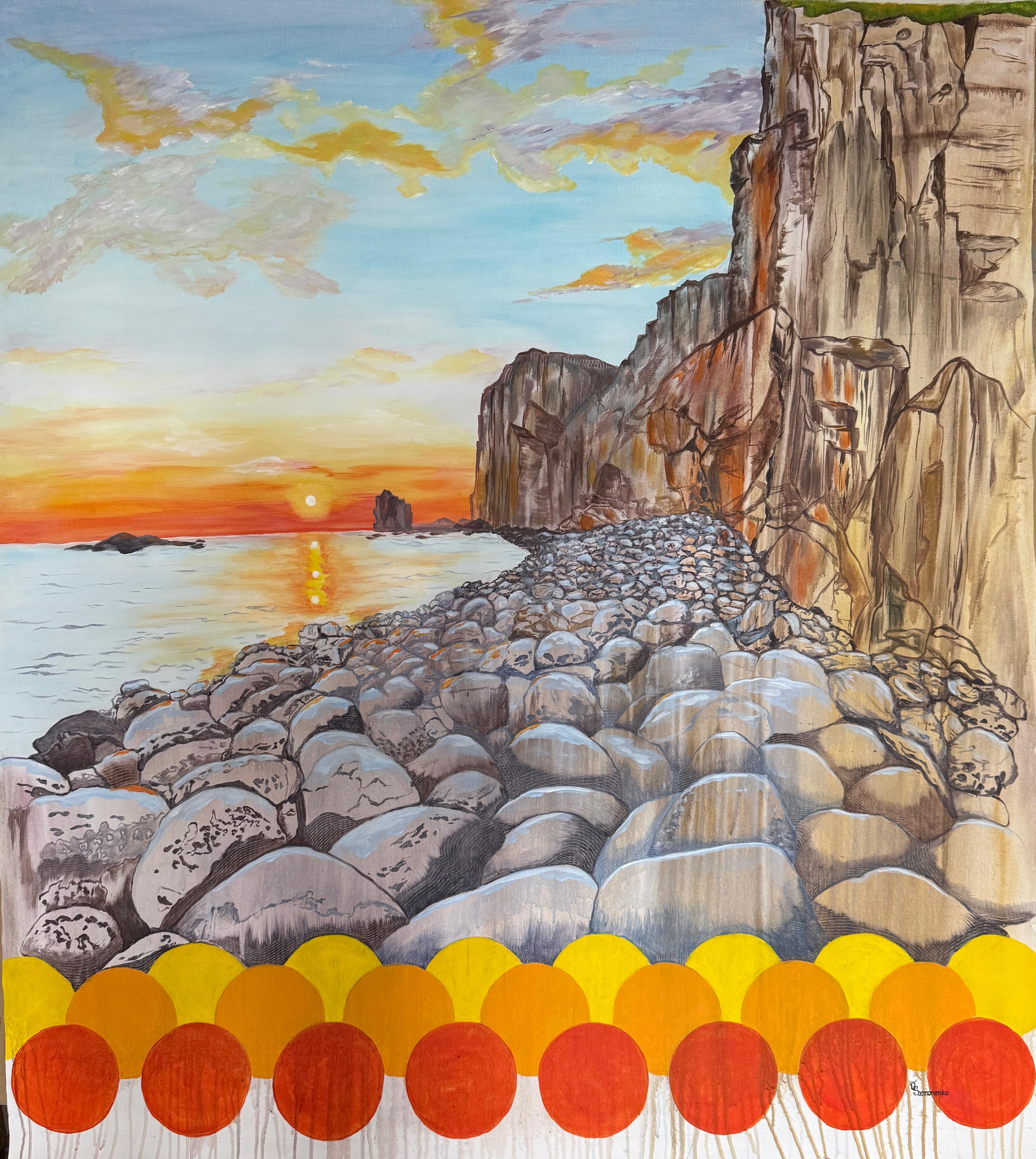 Tramonto in riva al mare . Pittura originale astratta
