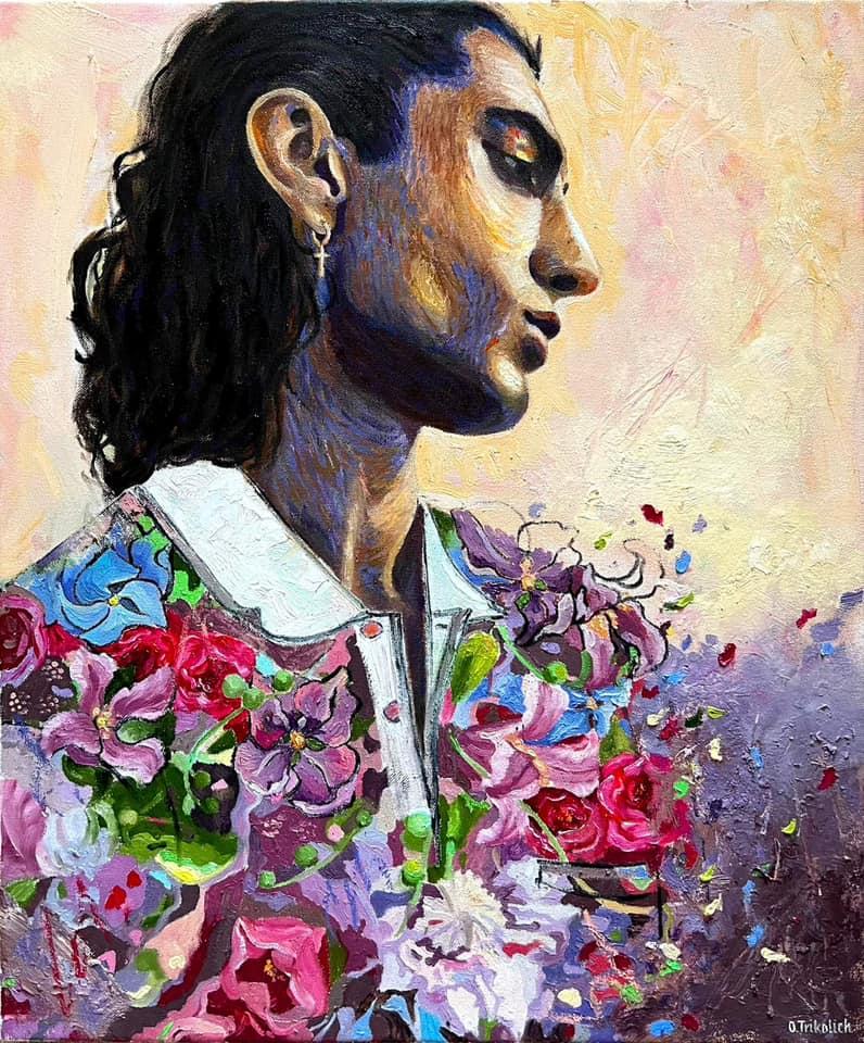 Luna in Pesci - Figurative Painting Beige di Olha Trikolich 