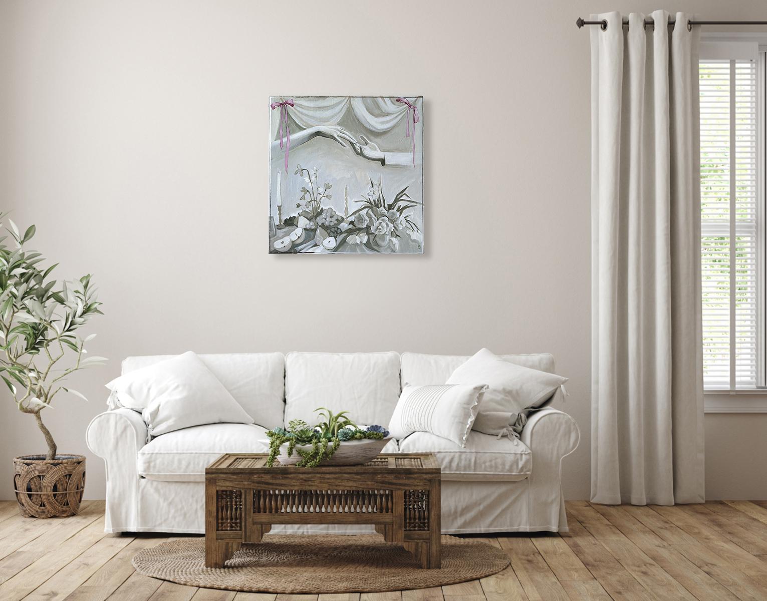 A life well loved, Romanticization series - Gray Figurative Painting by Olha Vlasova