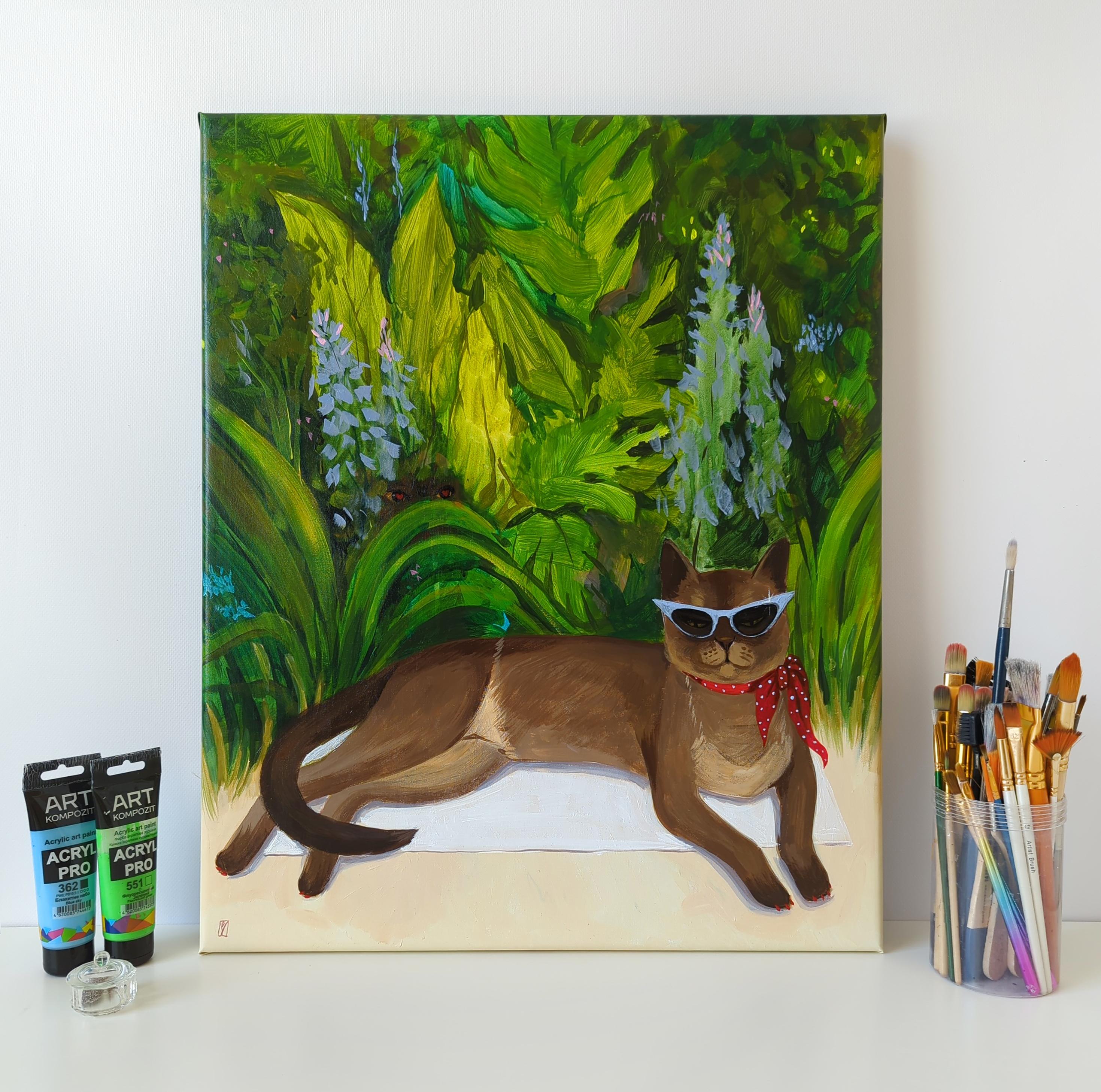 Bitch at the beach, Vacation on the Happy Island series - Painting by Olha Vlasova