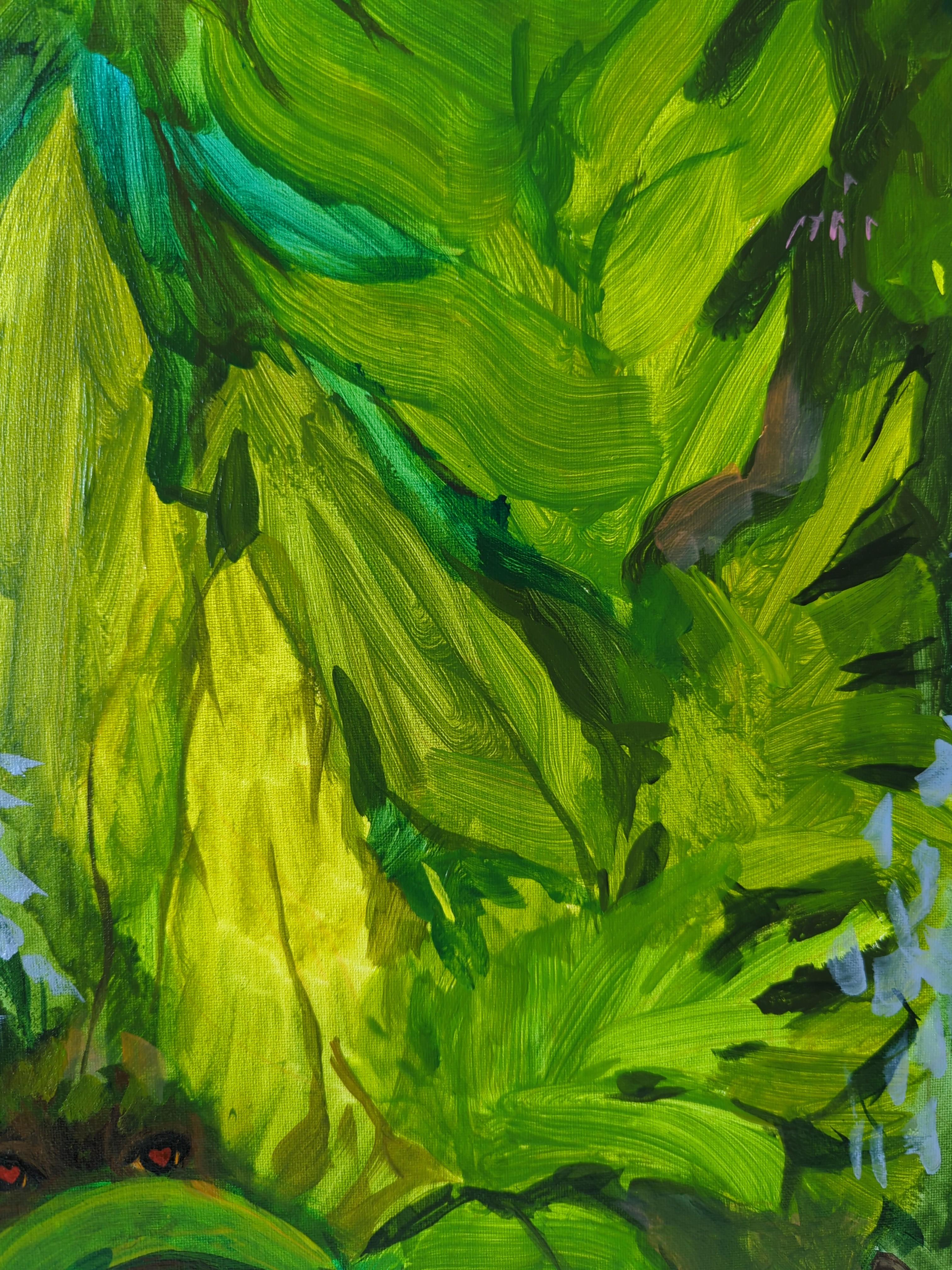 Bitch at the beach, Vacation on the Happy Island series - Green Figurative Painting by Olha Vlasova