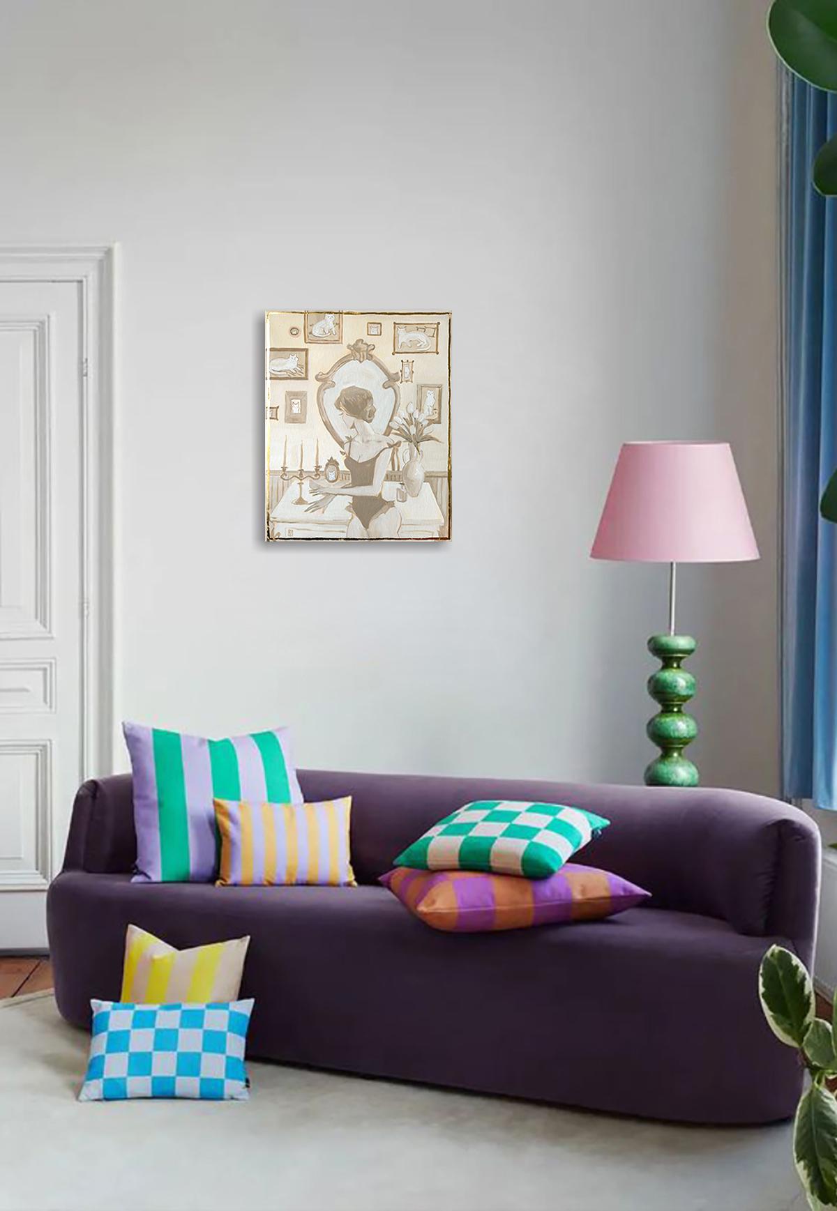 Questo quadro, in morbidi toni beige pastello con dettagli dorati, è pronto per essere appeso. È verniciato e ha i bordi dipinti, quindi l'incorniciatura è facoltativa e dipende esclusivamente dai tuoi gusti. 

Cattura in modo giocoso il calore e