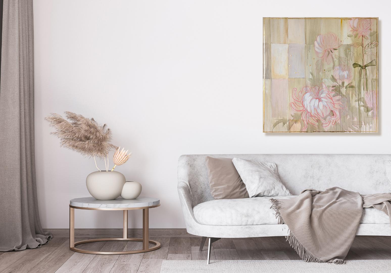 Chrysanthemums - Beige Abstract Painting by Olha Vlasova