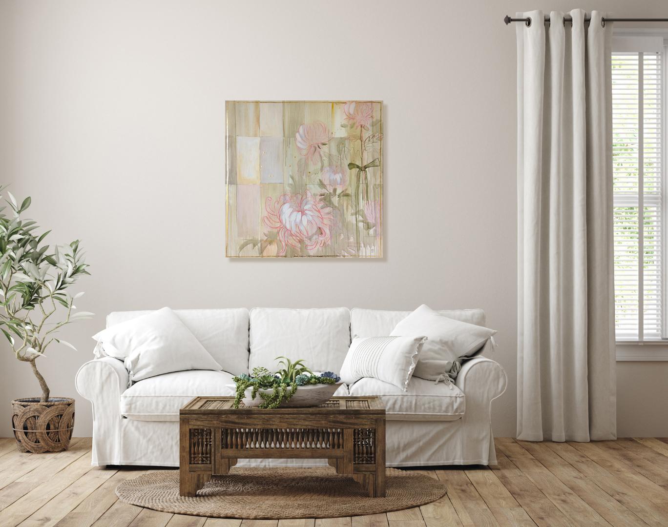 This elegant floral painting features soft, graceful chrysanthemums painted in delicate pastel shades with touches of golden patina. It brings a feeling of warmth and quiet sophistication to the space. Gentle tones of beige, blush pink, and cream