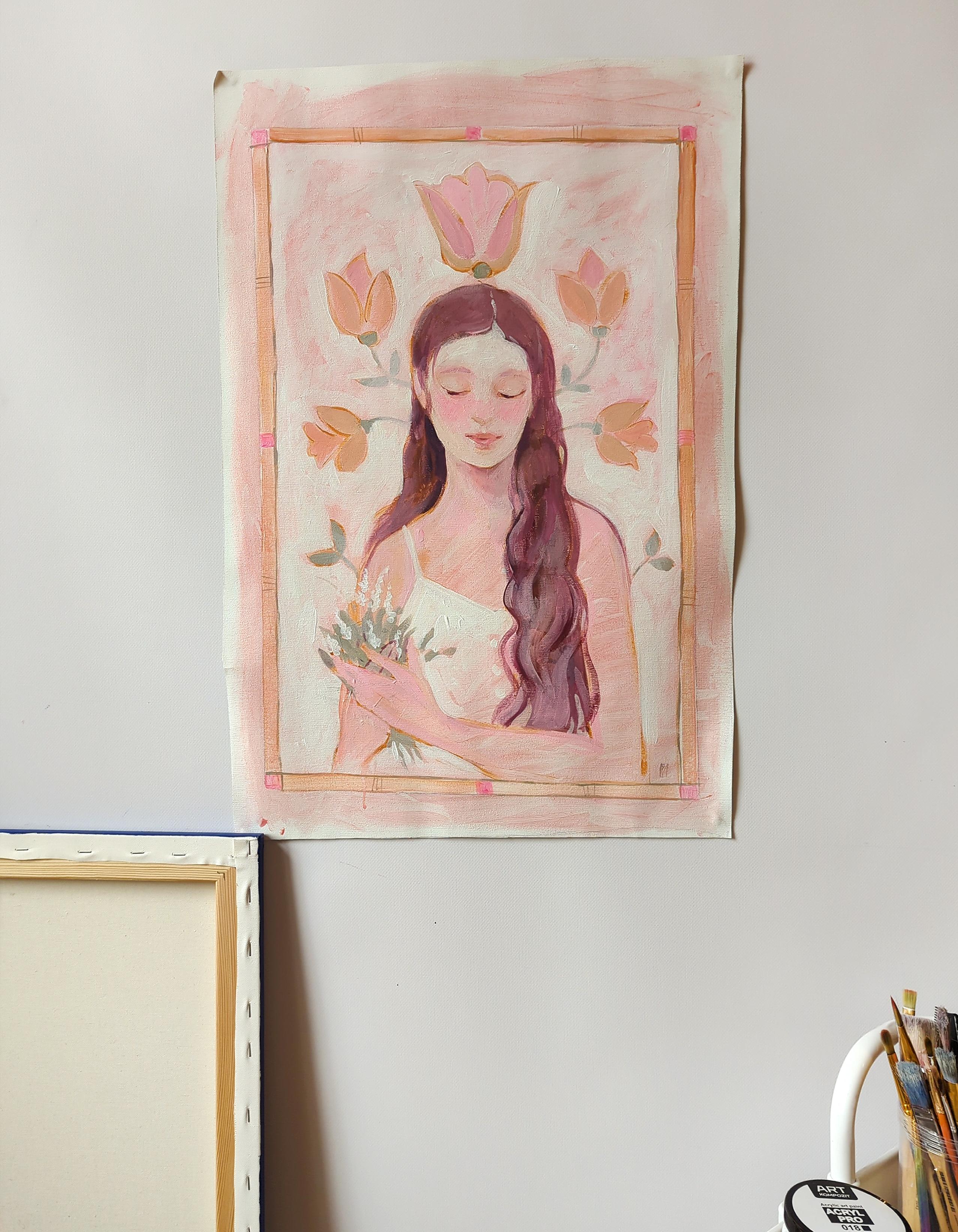 Mädchen mit Blumenstrauß, Frühlingsserie – Painting von Olha Vlasova