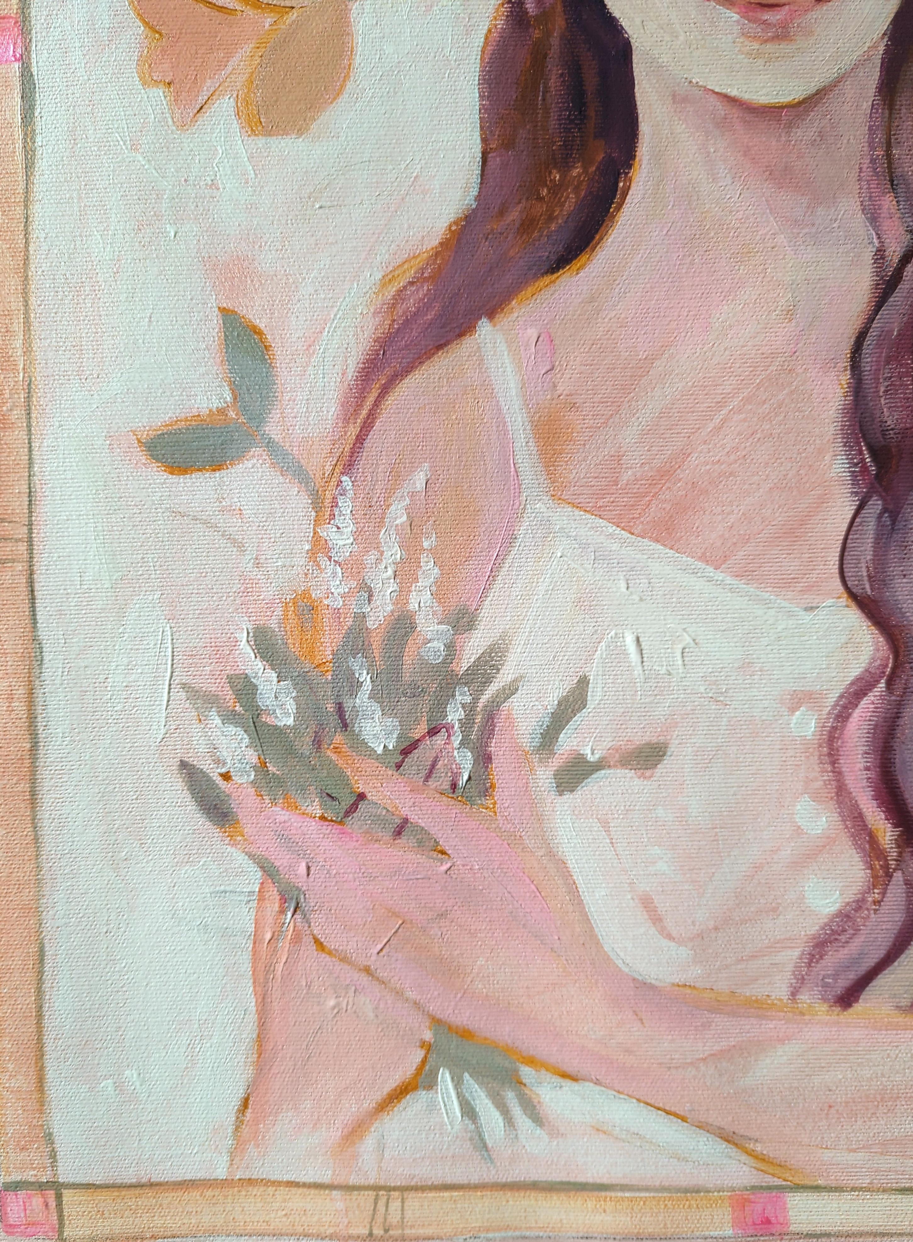 Mädchen mit Blumenstrauß, Frühlingsserie (Zeitgenössisch), Painting, von Olha Vlasova