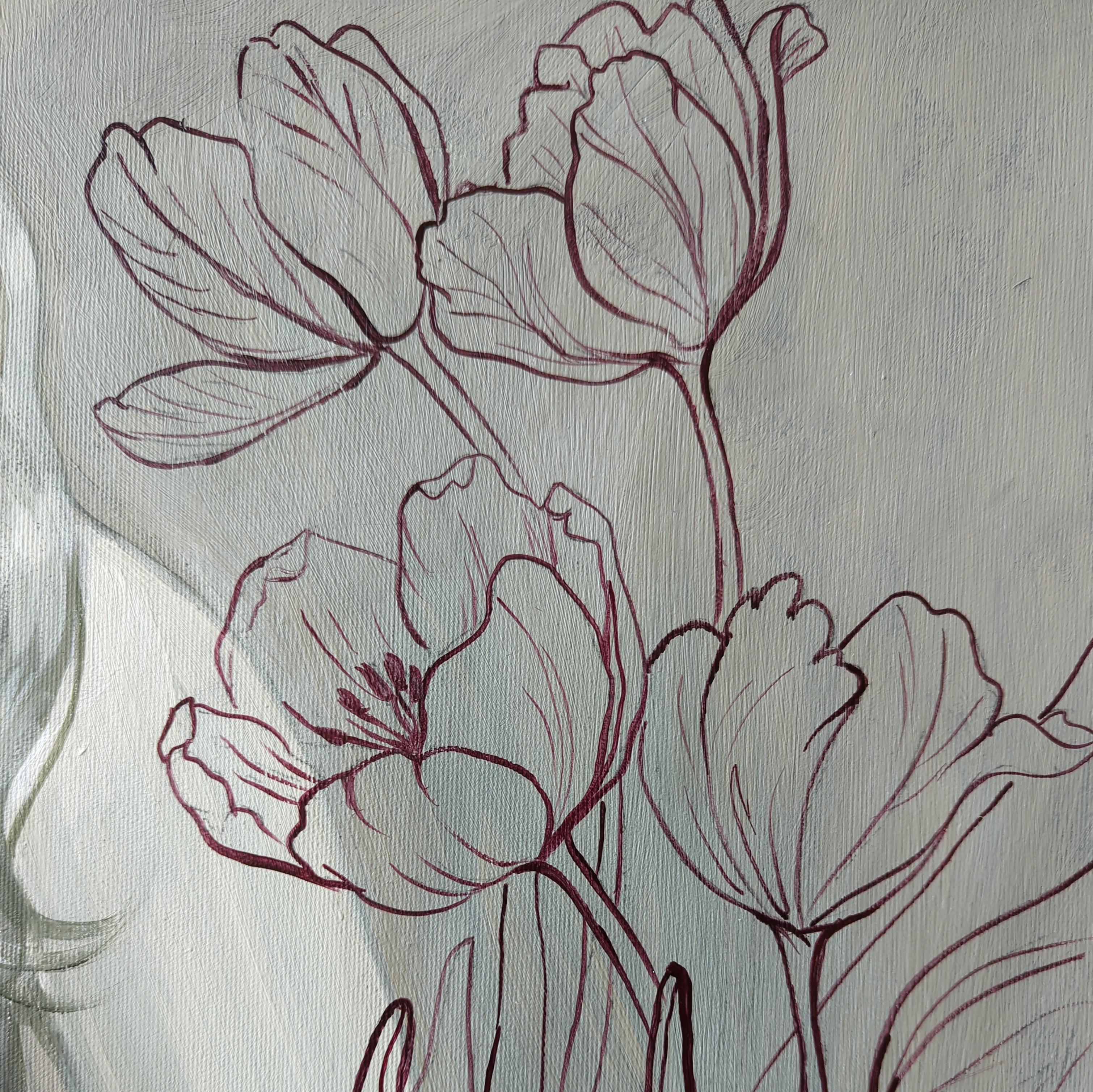 Ein symbolisches Gemälde über die Harmonie von innerer und äußerer Schönheit, das eine Frau mit einem Spiegel und blühenden Blumen zeigt. Zeitgenössische figurative Kunst, die Eleganz, Freundlichkeit und das Zelebrieren von Schönheit