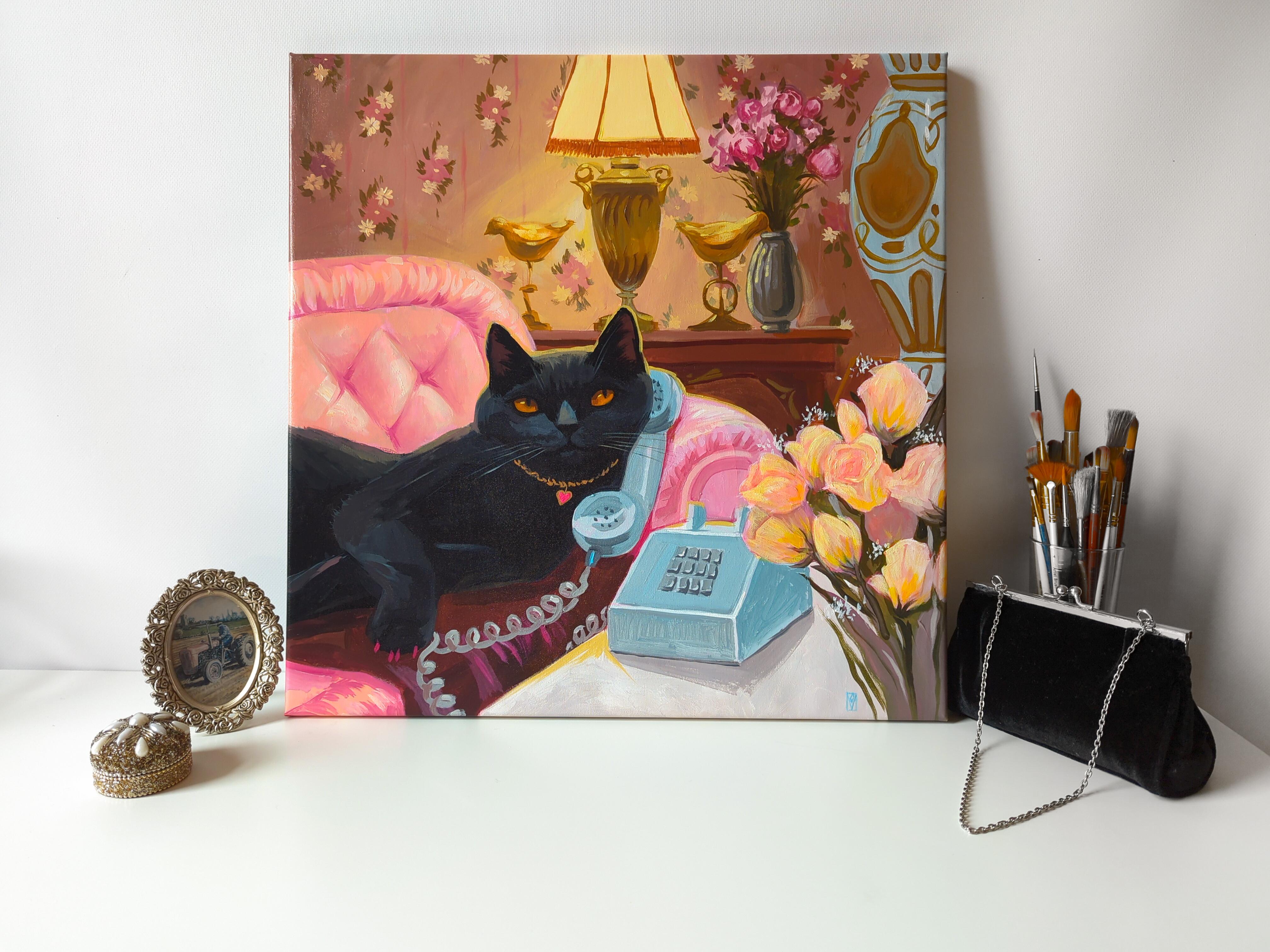 Kitty on the line, serie Vacanze sull'isola felice - Painting Contemporaneo di Olha Vlasova