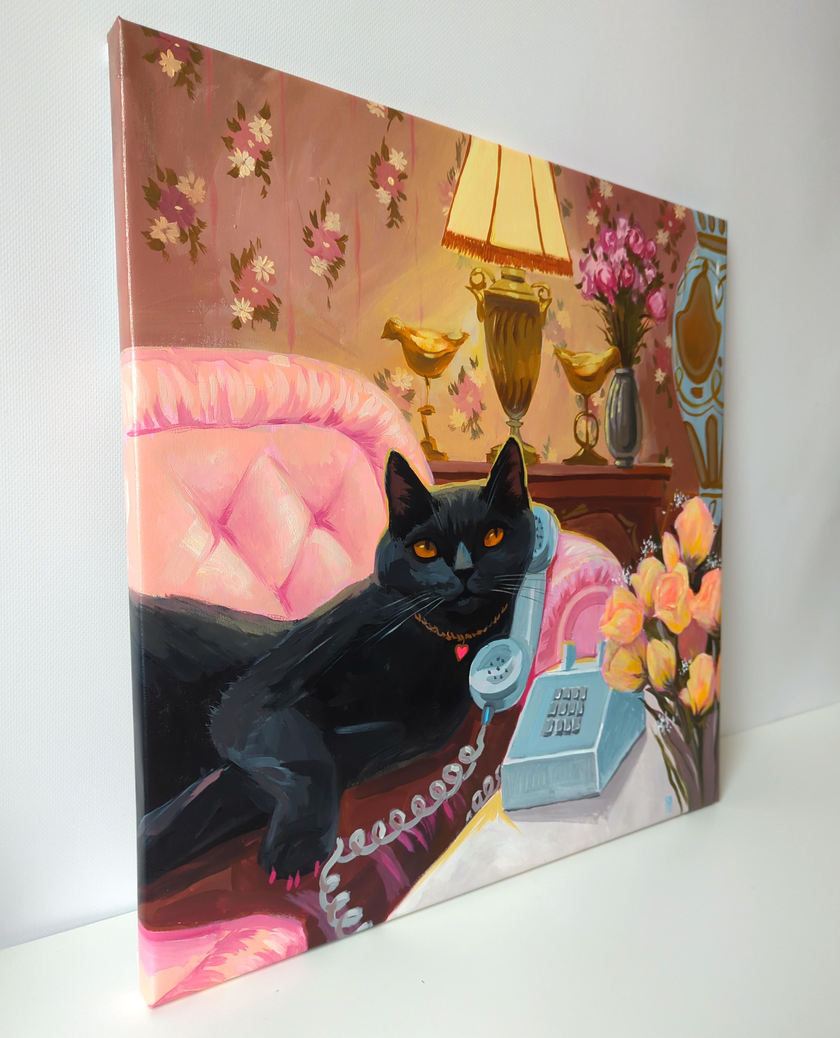 Kitty on the line, serie Vacanze sull'isola felice - Figurative Painting Marrone di Olha Vlasova