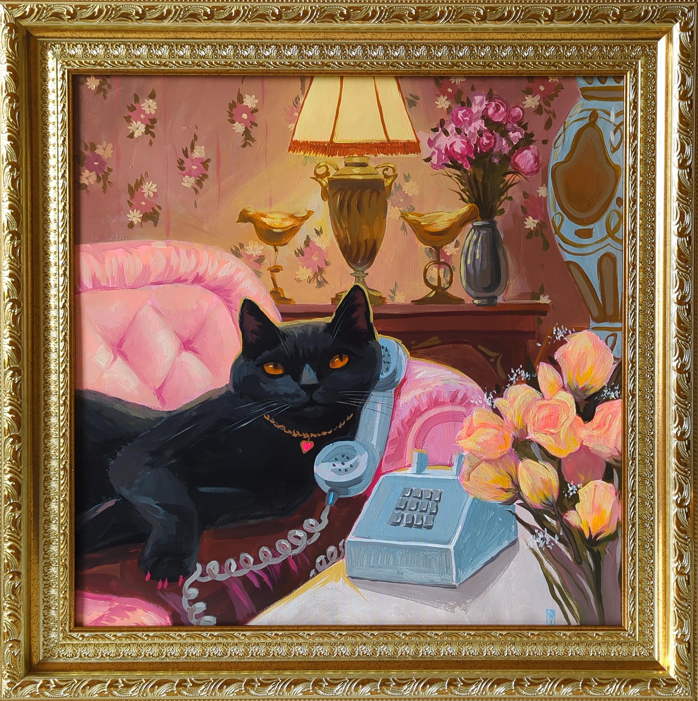 Figurative Painting di Olha Vlasova - Kitty on the line, serie Vacanze sull'isola felice