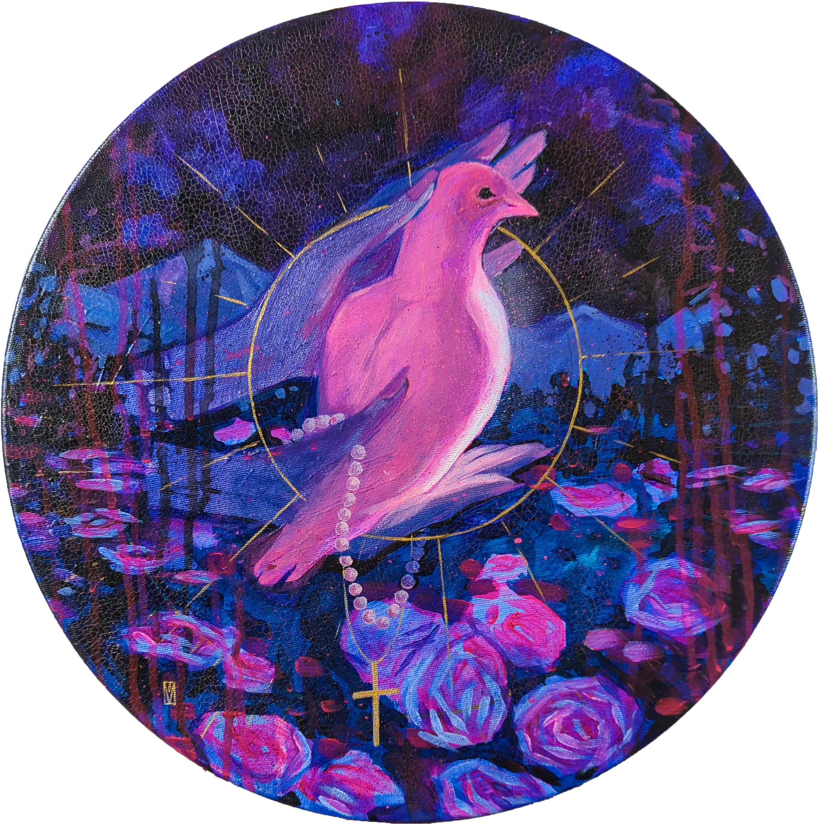 ITEM DETAILS

The edges are painted
Some parts of the picture glow under blue light
The painting's surface has a craquelure effect

ABOUT THE ARTWORK

This painting is a delicate and emotional depiction of love and faith. The dove in the palm,