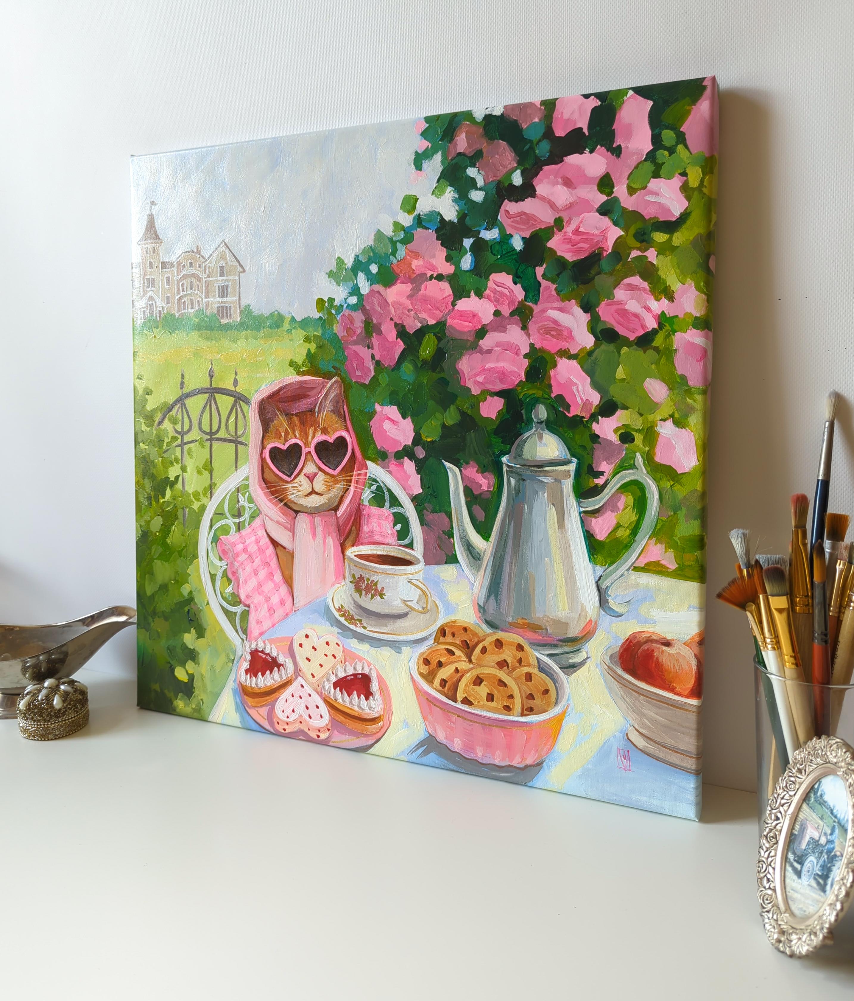 Purrfect Pause, Vacation on the Happy Island Serie (Braun), Animal Painting, von Olha Vlasova