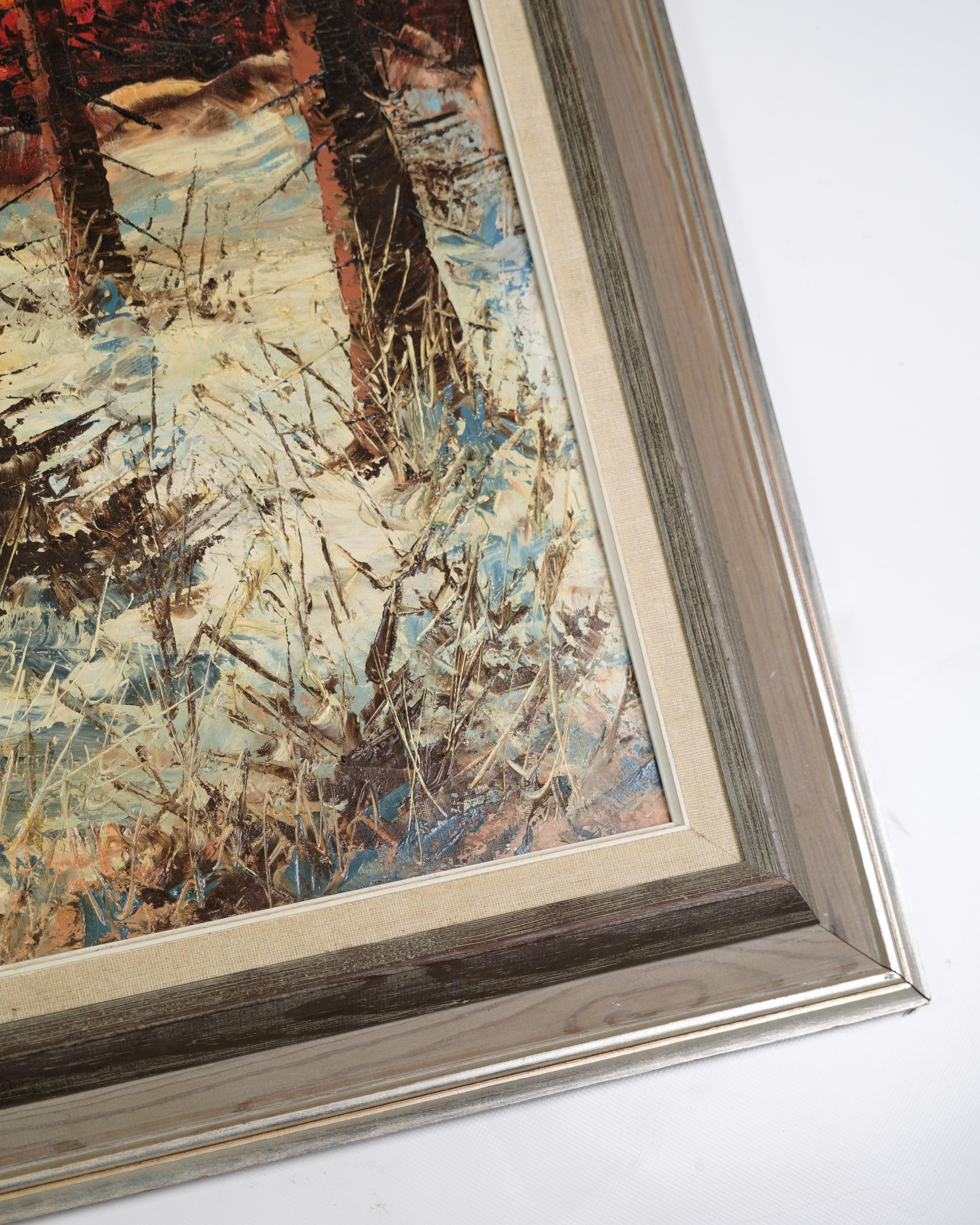 Mid-Century Modern Oli Painting Made On Canvas With A Wooden Frame From 1940s For Sale