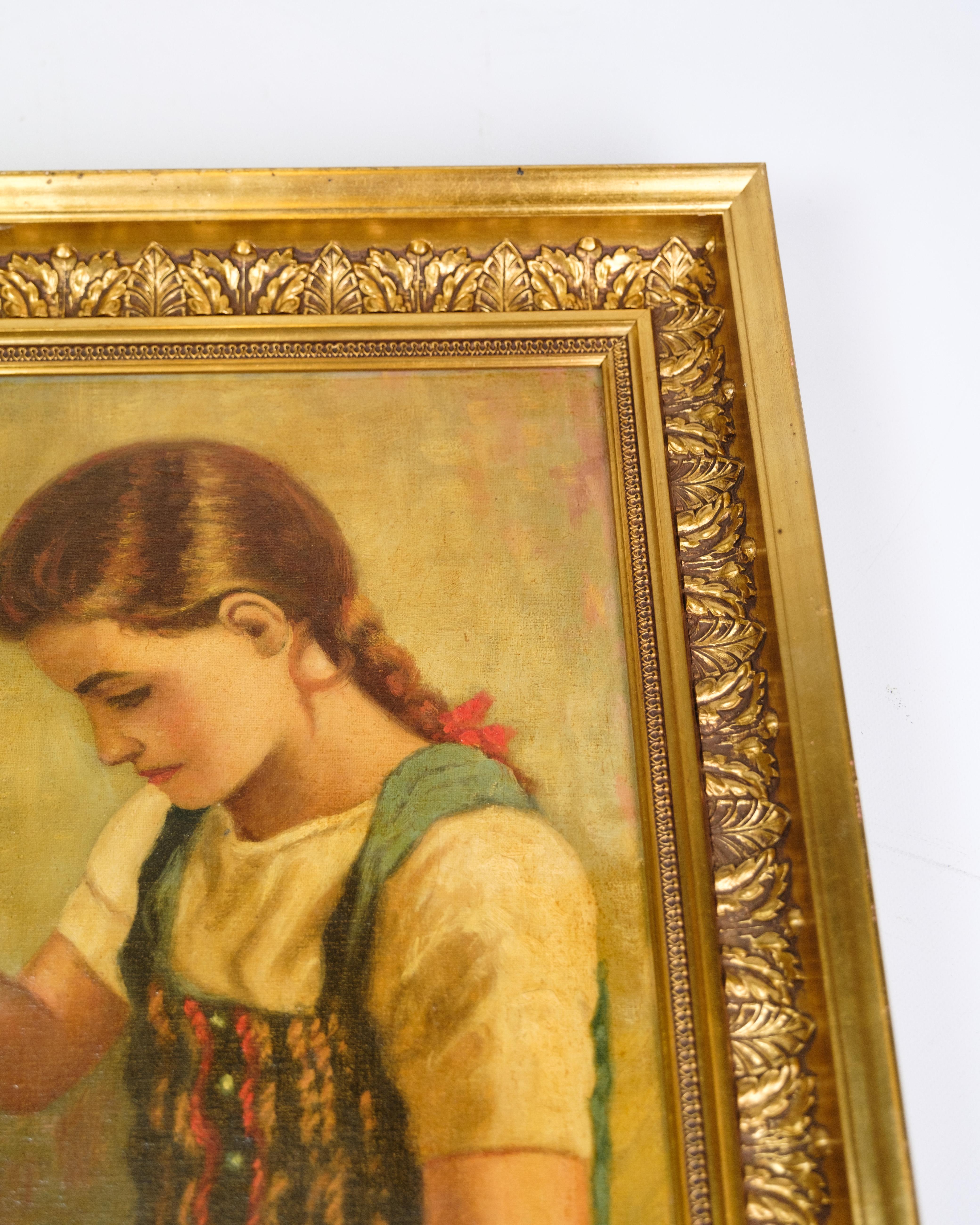 Quadro a olio incorniciato in una cornice di legno dorato con il motivo di una bambina che tiene un grappolo d'uva. Dipinto con colori caldi. Firmato.

Misure: L:51,5 cm W:41,5 cm