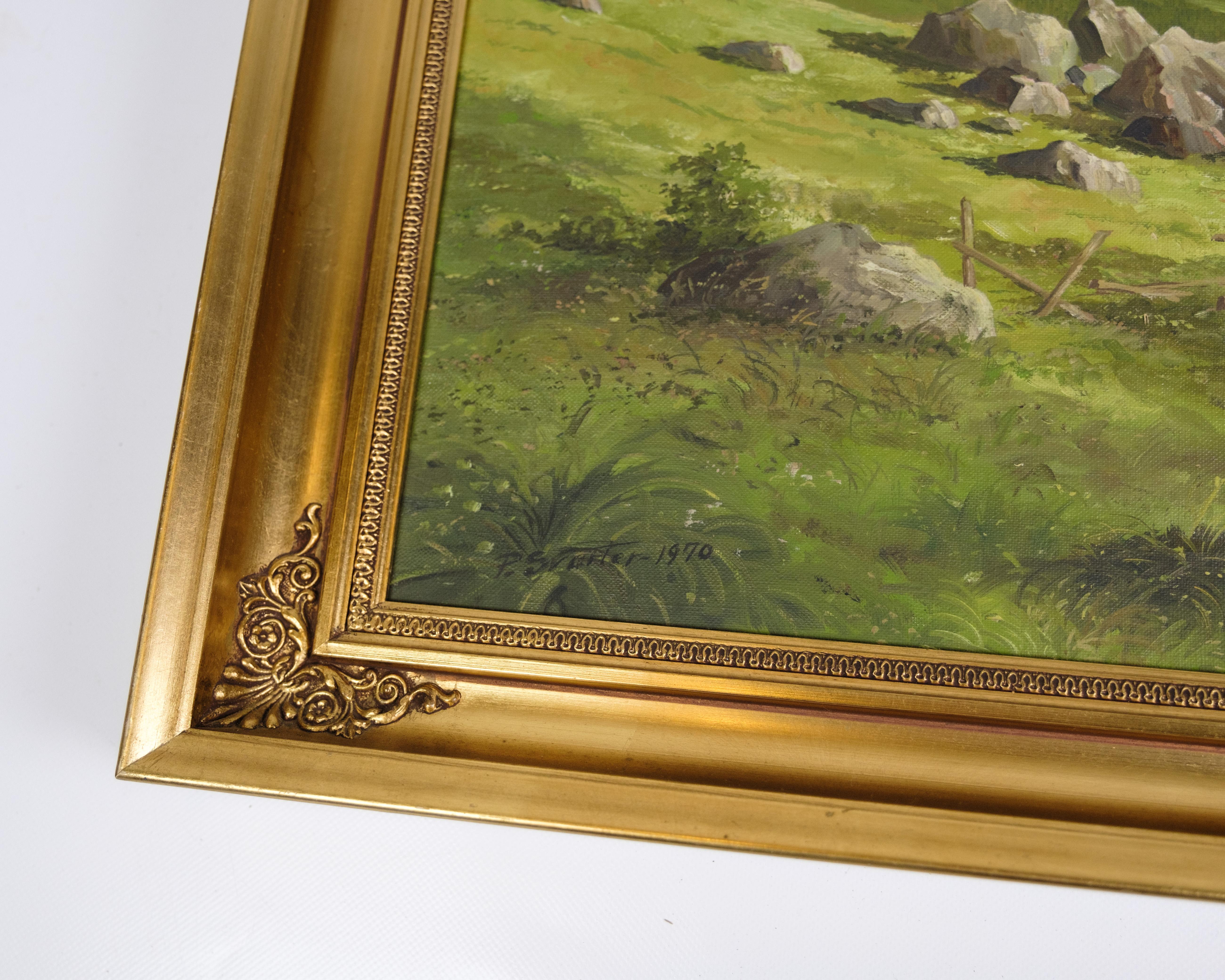 Mid-Century Modern Peinture Oli réalisée sur toile avec cadre doré signé par P. Svarter des années 1970 en vente