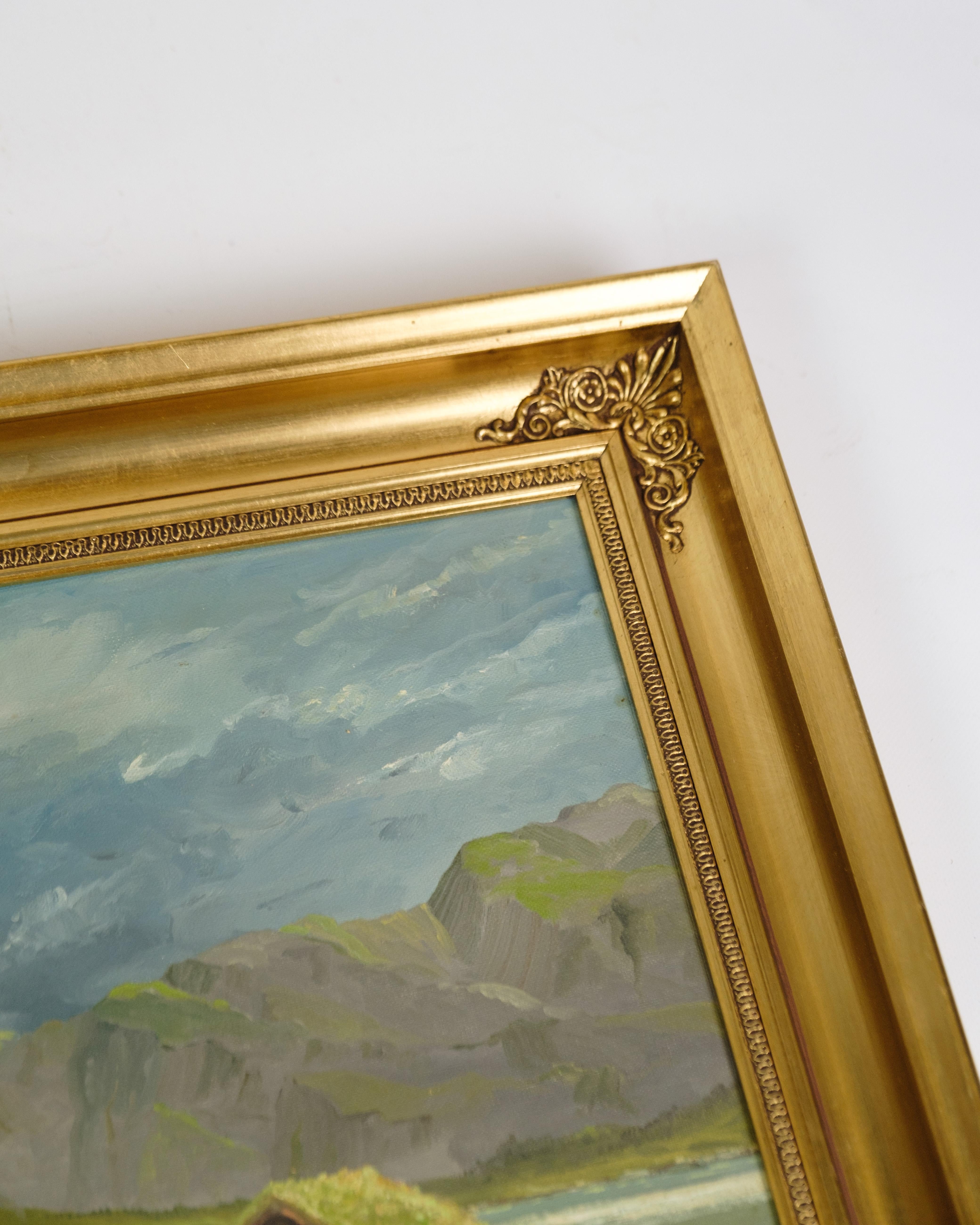 Danois Peinture Oli réalisée sur toile avec cadre doré signé par P. Svarter des années 1970 en vente