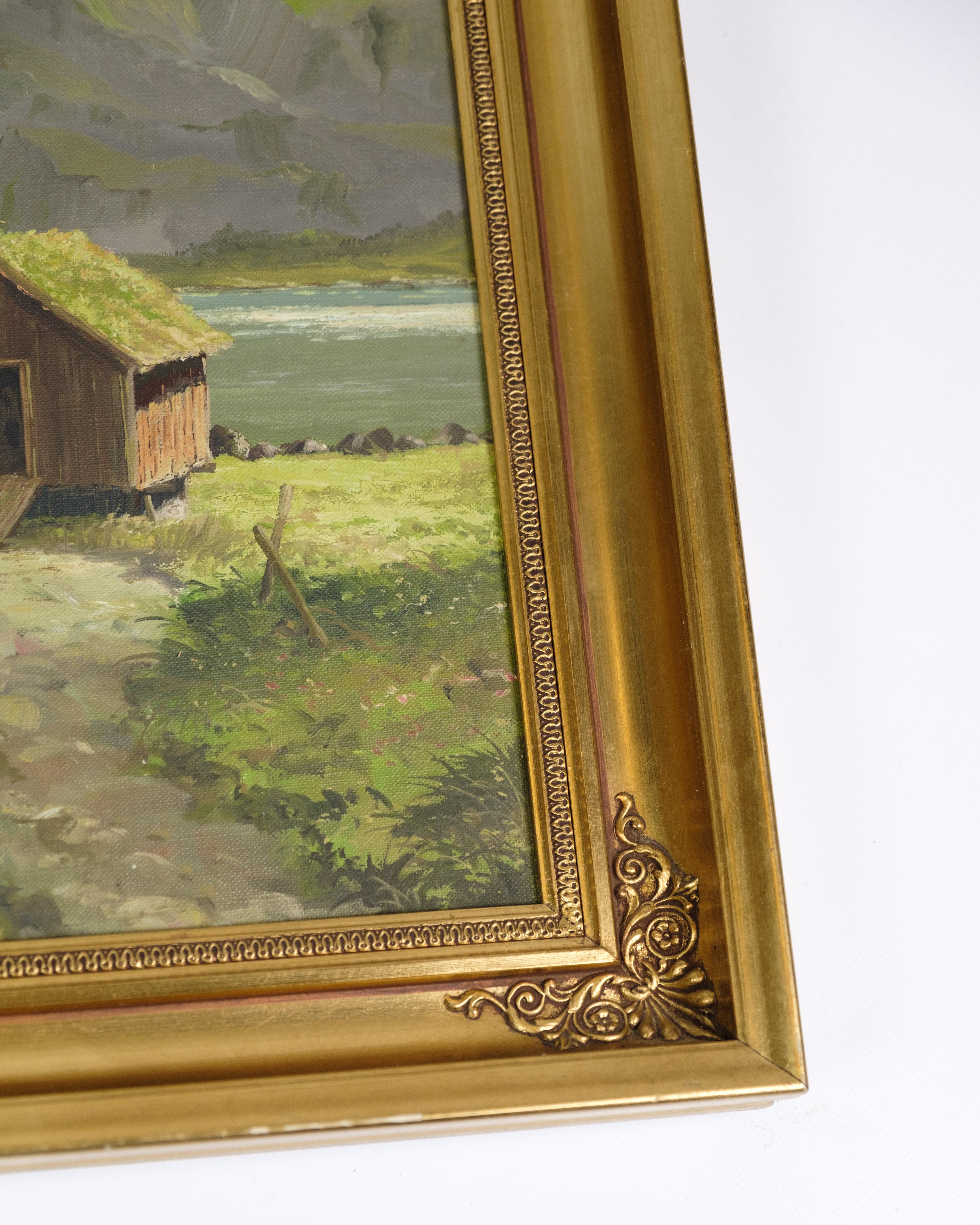 Peinture Oli réalisée sur toile avec cadre doré signé par P. Svarter des années 1970 Bon état - En vente à Lejre, DK