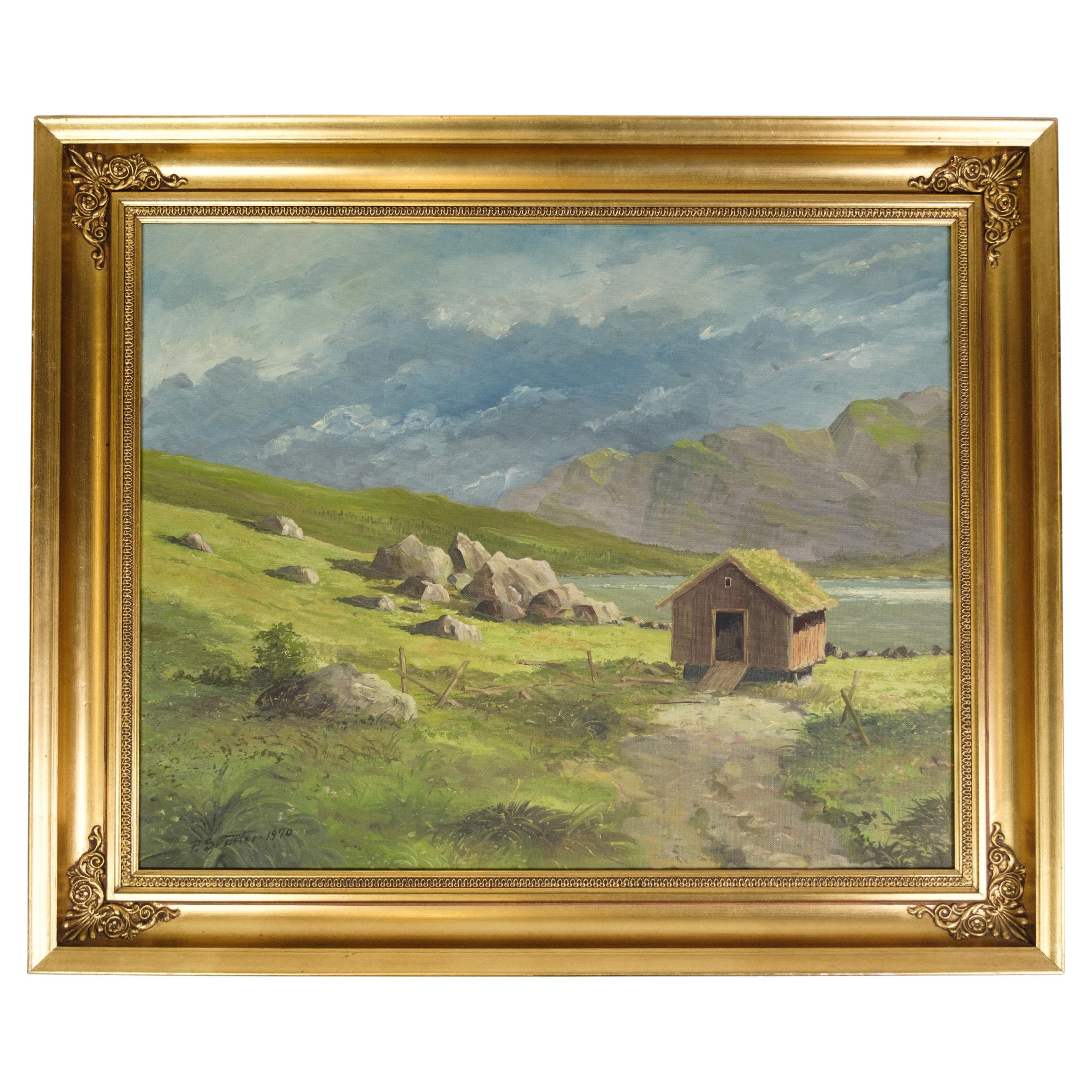 Pittura Oli su tela con cornice dorata firmata da P. Svarter degli anni '70