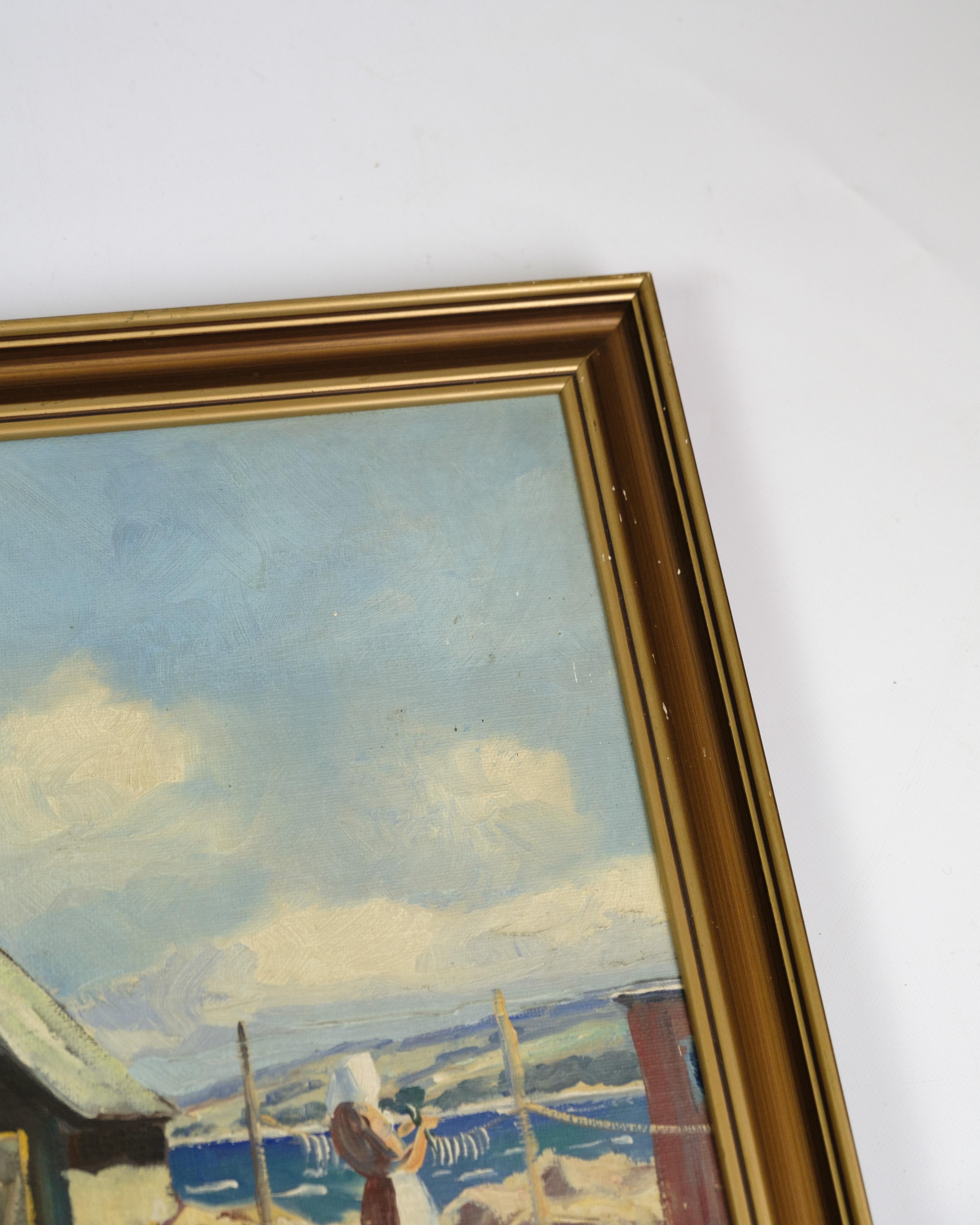 Mid-Century moderno Pittura Oli su tela con cornice dorata firmata da T.H. Skovgaard degli anni '30 in vendita
