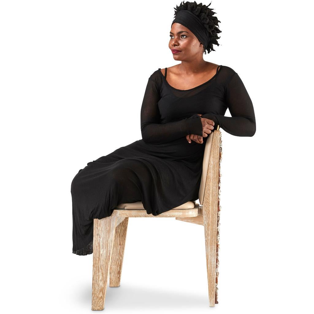 Olifant Modern Luxury, Handmade Ceramic, Ceruse Oak & Black Leather Dining Chair For Sale 3