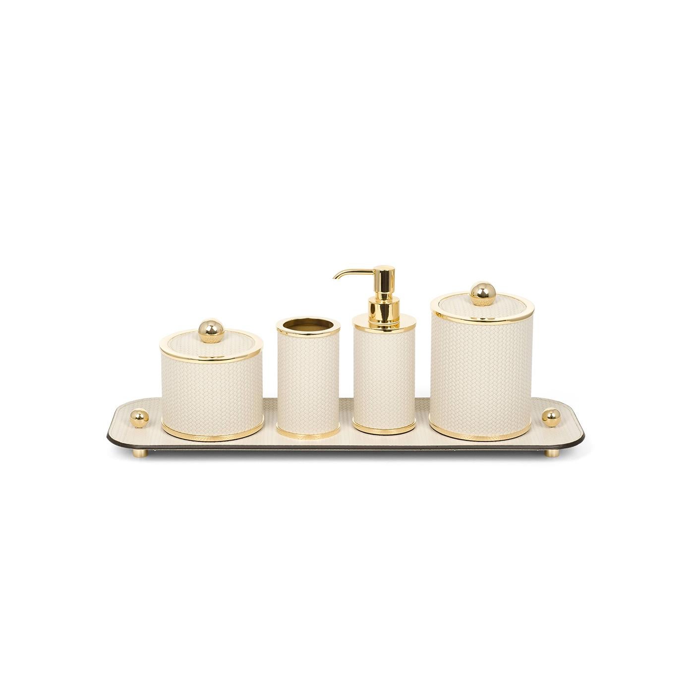 Italian Olimpia 4-Piece Round Bathroom Gold/Beige Leather Bathroom Set For Sale