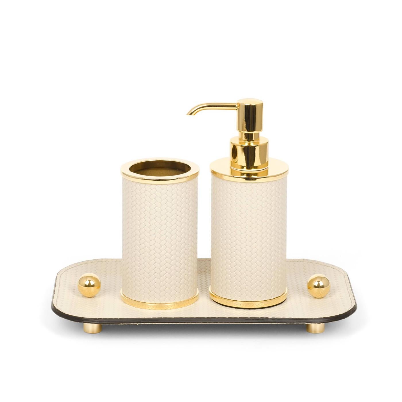 Olimpia 4-Piece Round Bathroom Gold/Beige Leather Bathroom Set In New Condition For Sale In Milan, IT