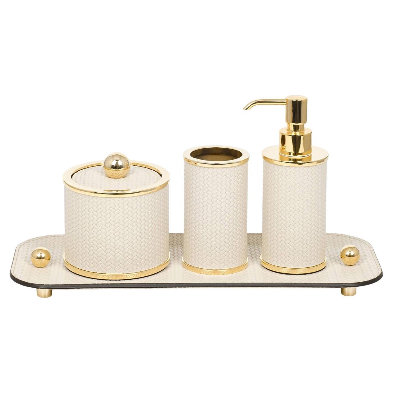 Olimpia 4-teiliges rundes Bad-Set aus goldenem/beigefarbenem Leder für das runde Badezimmer im Angebot
