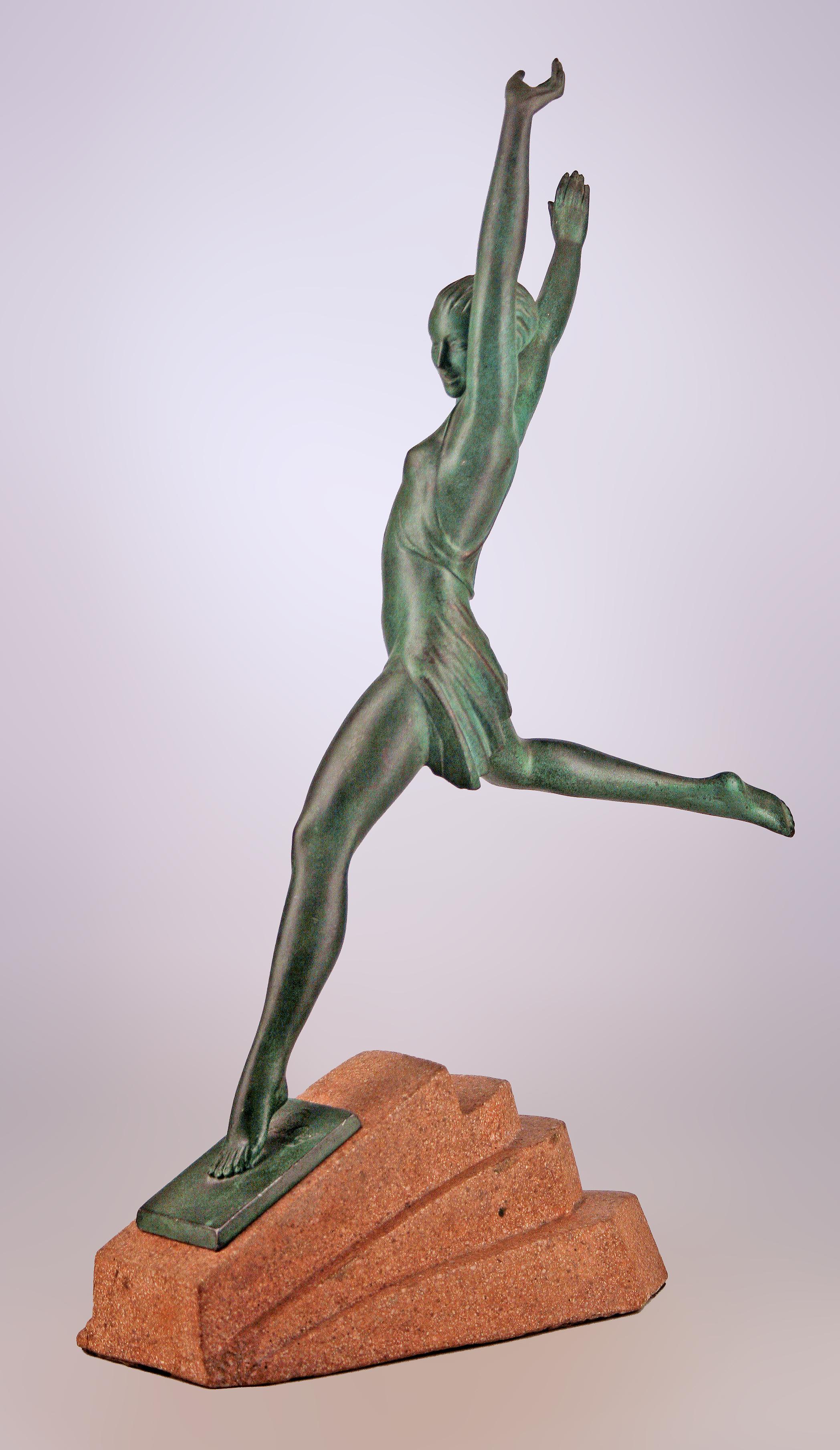 Art Deco 'Olimpia': Art Déco Spelter Sculpture with Stone Base by Le Faguays (Fayral)  For Sale