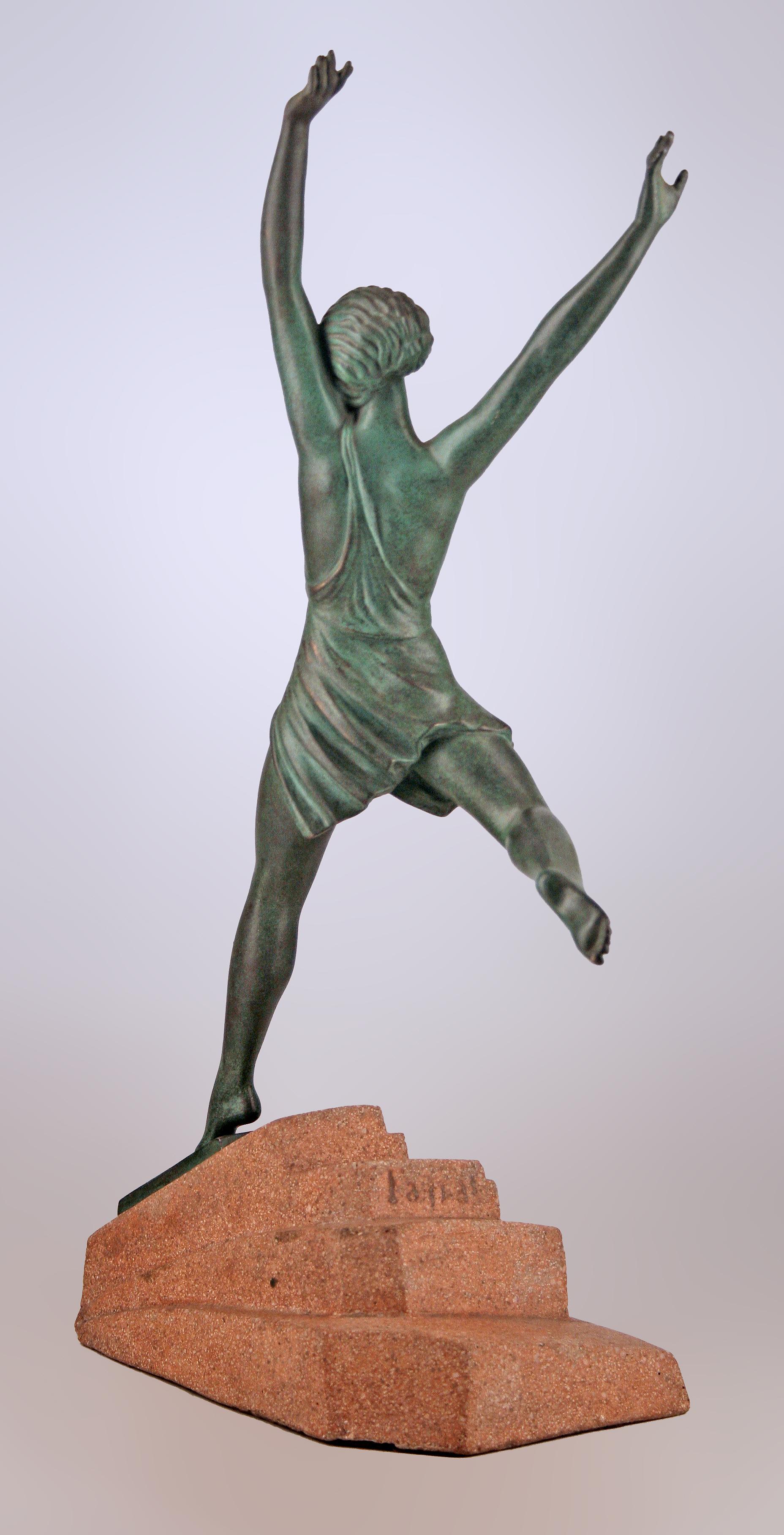 French 'Olimpia': Art Déco Spelter Sculpture with Stone Base by Le Faguays (Fayral)  For Sale
