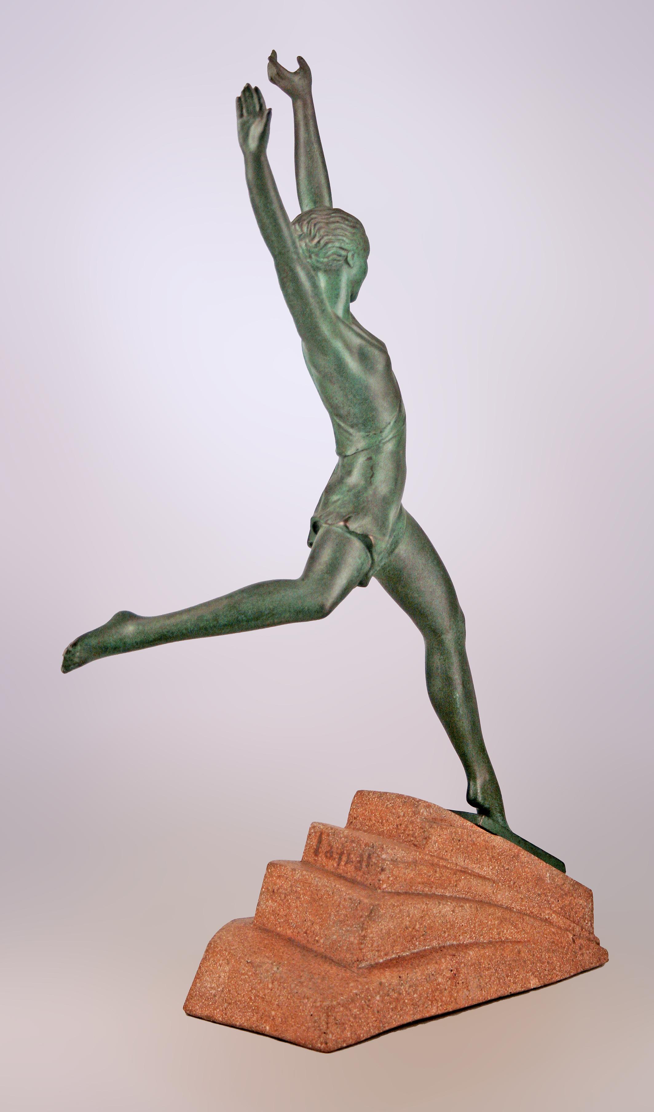 Molded 'Olimpia': Art Déco Spelter Sculpture with Stone Base by Le Faguays (Fayral)  For Sale
