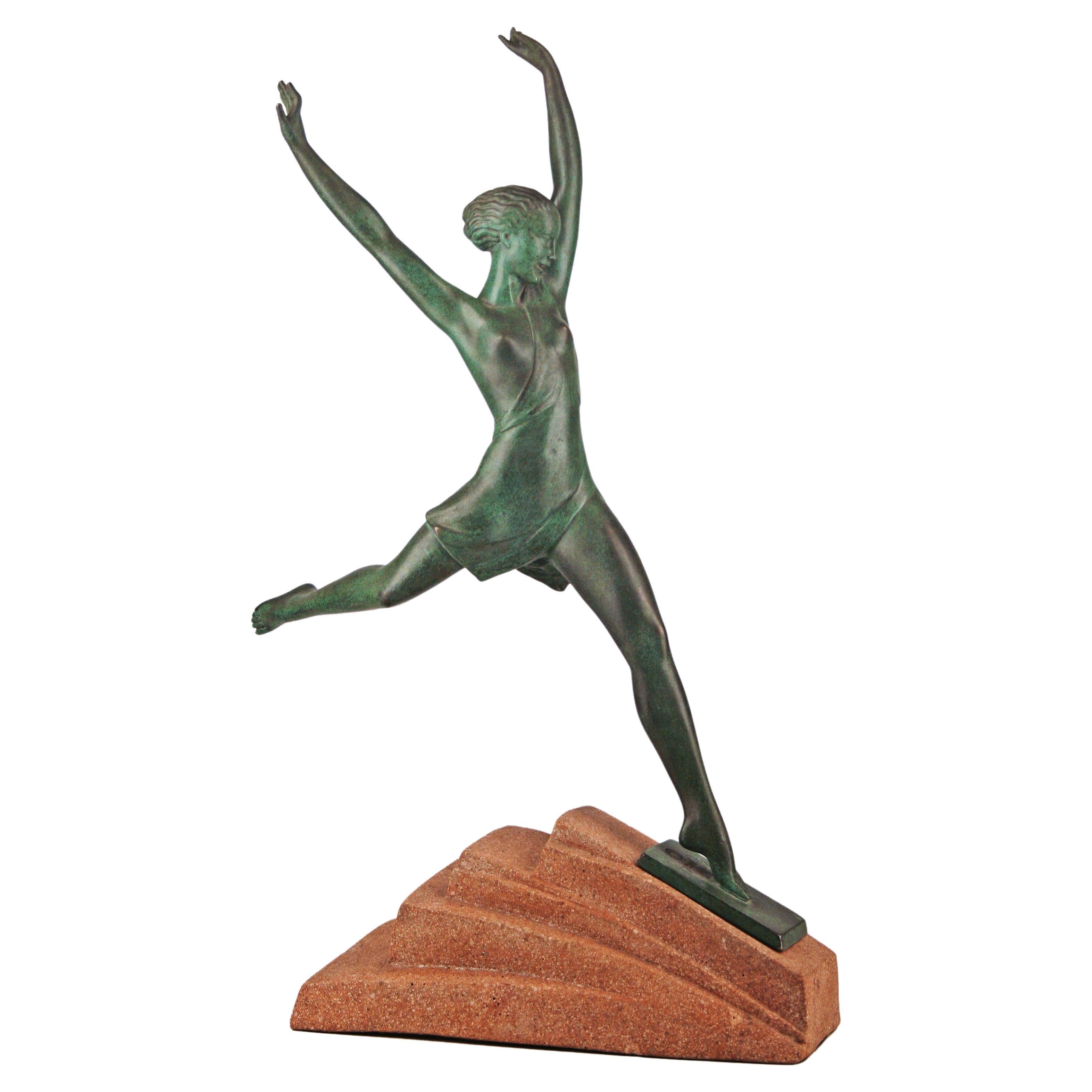 'Olimpia': Art Déco Spelter Sculpture with Stone Base by Le Faguays (Fayral)  For Sale
