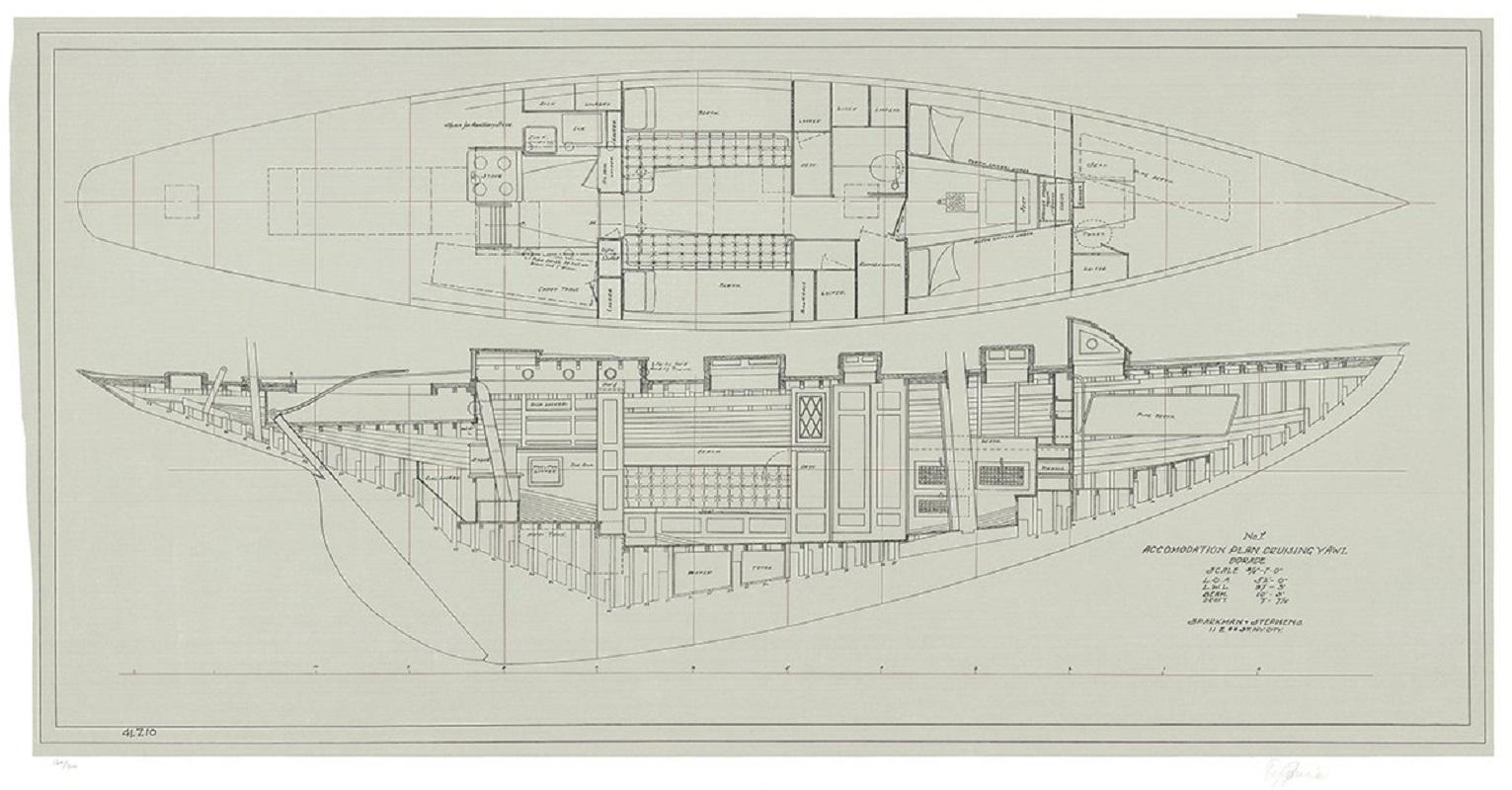 Serigraph, 2004. Hand signed and numbered in pencil from an edition of 300. Blind stamped with the Sparkman & Stephens logo. Printed on Coventry rag paper.

This elegant and historically significant print presents the detailed accommodations plan of