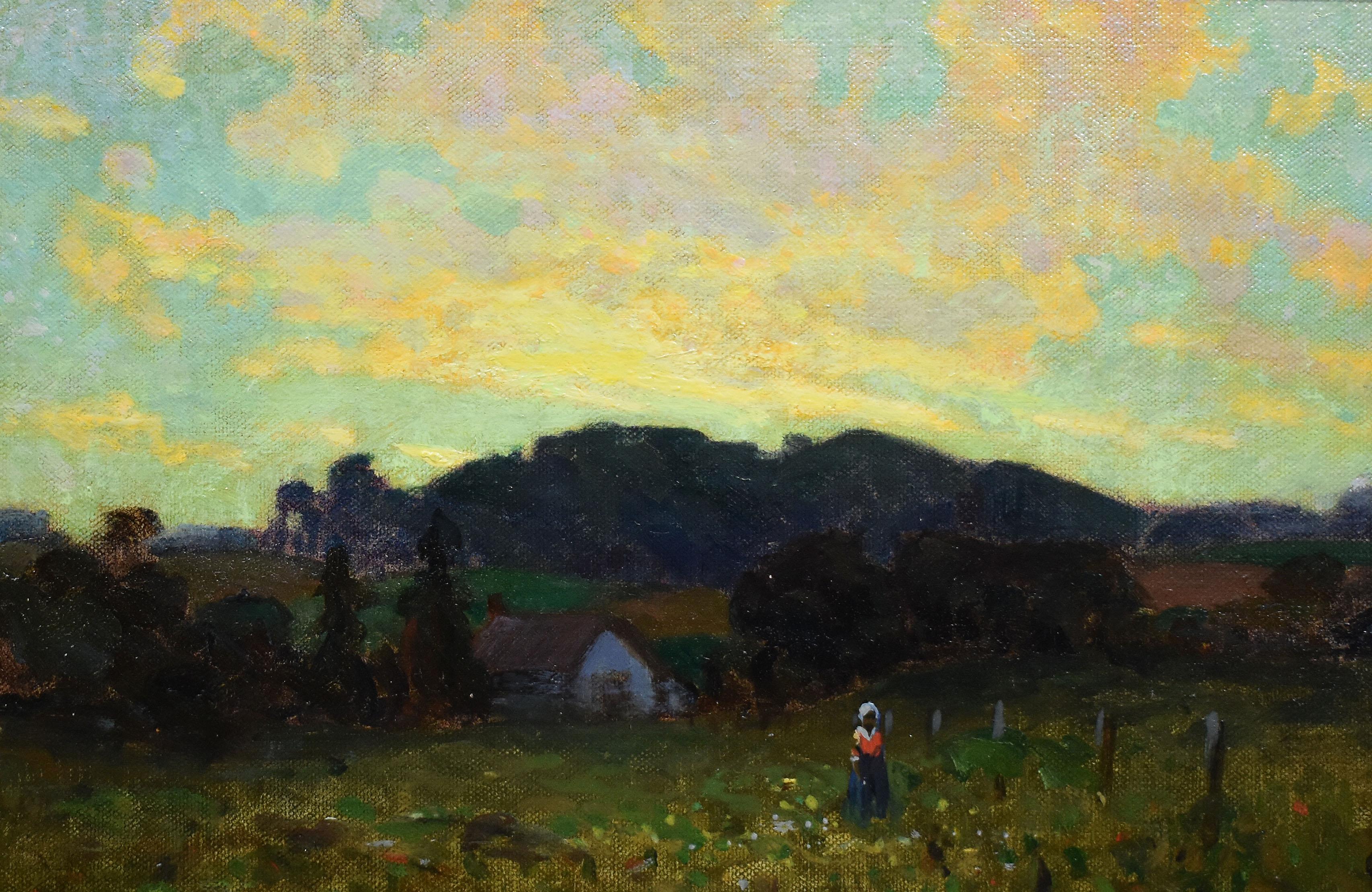 Impressionist sunset landscape painting by Olin Herman Travis  (1888 - 1975).  Oil on board, circa 1922.  Signed lower right.  Displayed in a modernist frame.  Image size, 16