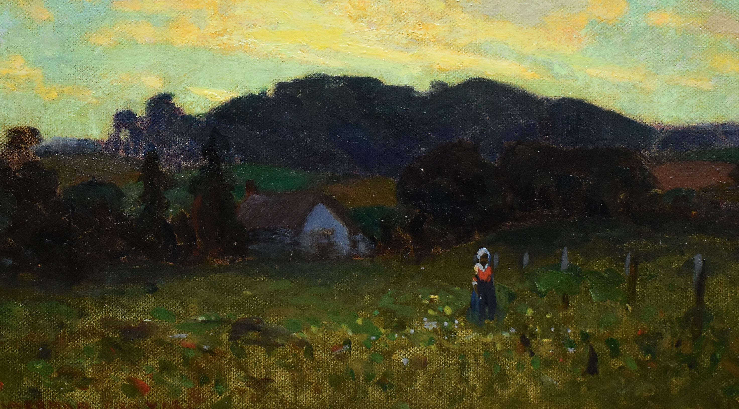 Texas Sunset Farm with Figure Working, Landscape Oil Painting by Olin Travis 1