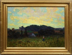 Texas Sunset Farm with Figure Working, Landscape Oil Painting by Olin Travis