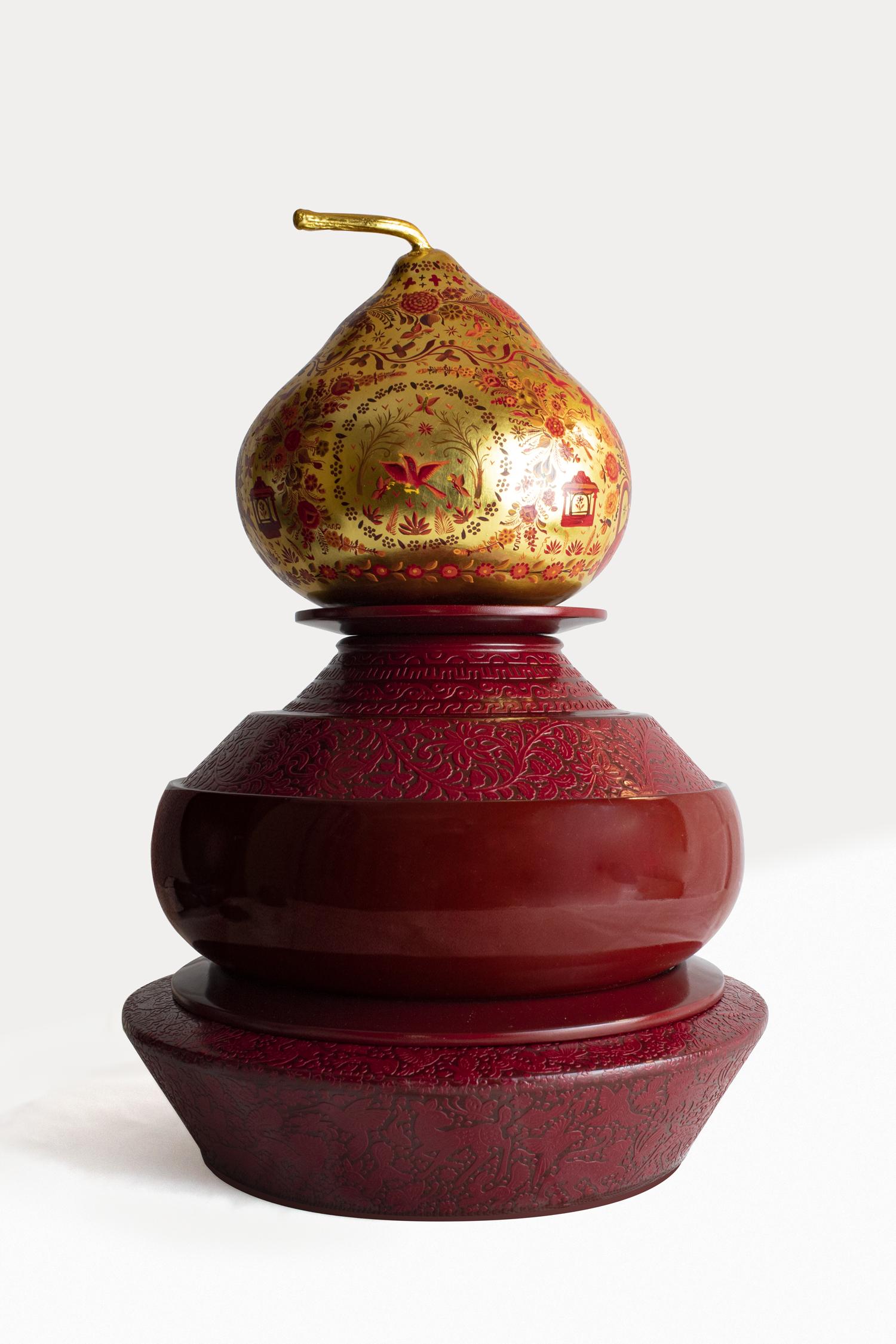 Three urns, two trays, one gourd.
Turned solid tzalam (wild tamarind) wood; maque and lacquer carving; gold leaf; oil painting.

Commemoration, ceremony, and veneration of the ancestral are acts of a deeply personal, familial nature. Far removed