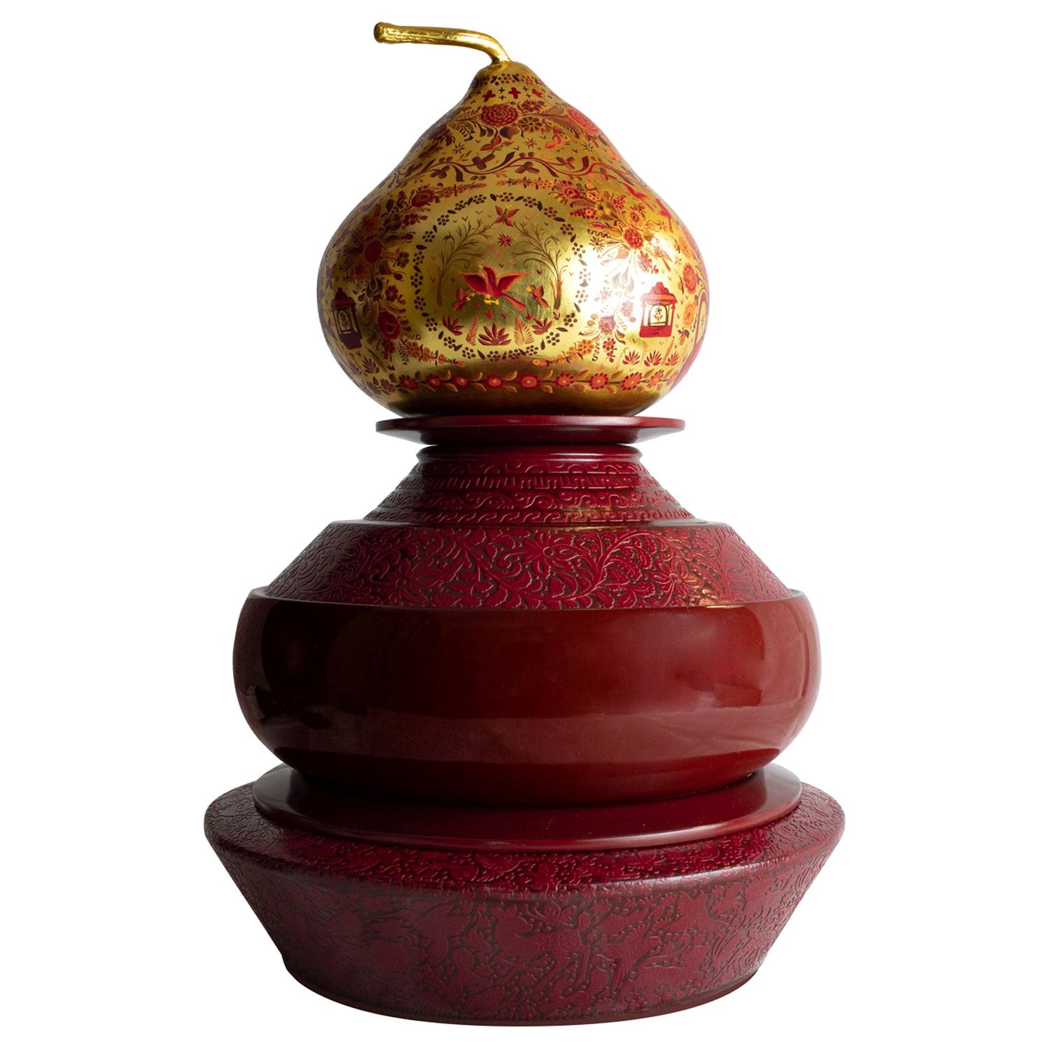 Olinalá Mexican Traditional Lacquer, Gold Leaf and Oil Painting Art Urns