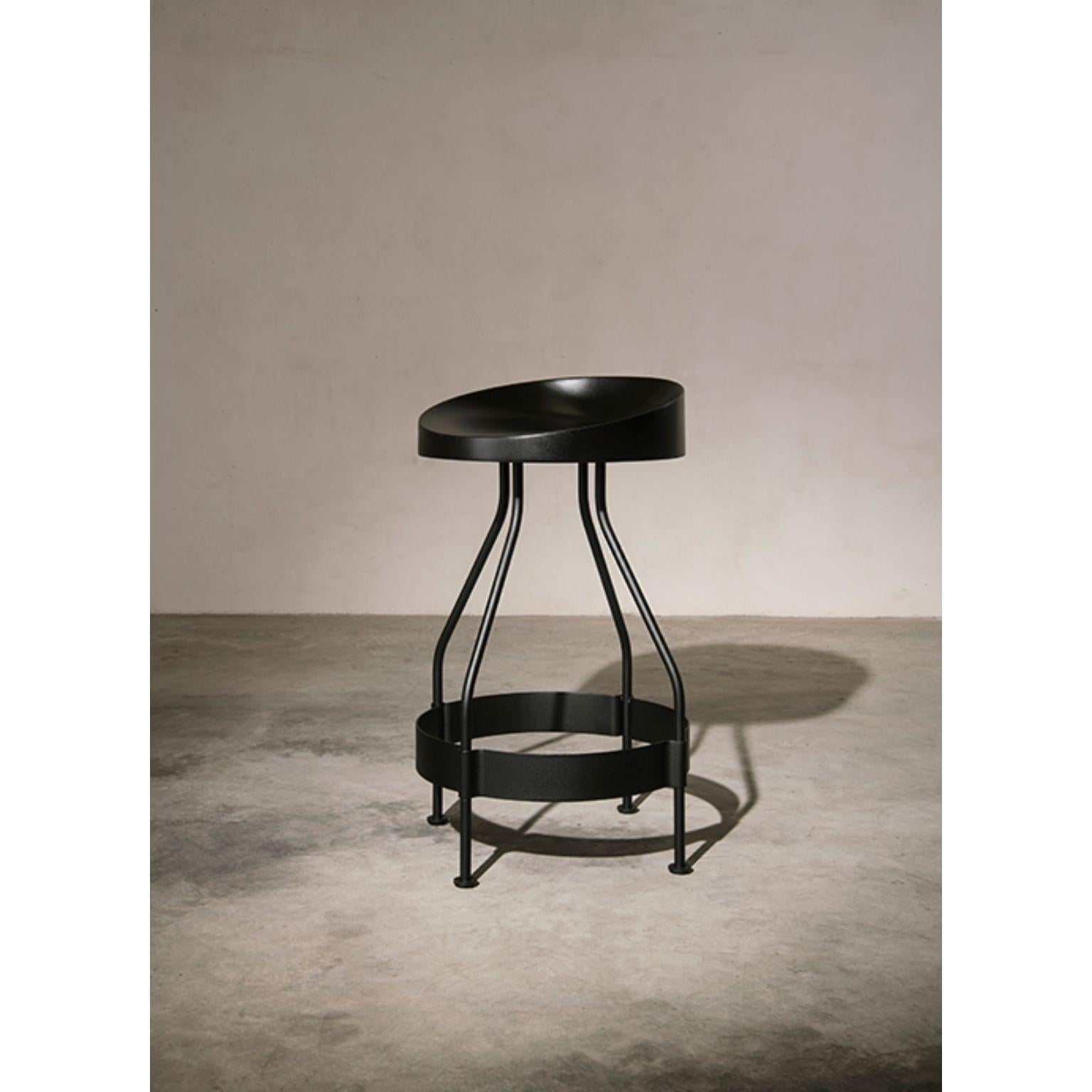 Olindias bar stool by Luca Nichetto
Materials: Shell: Dark green NCS 8010 B70G/Coral NCS 2570 Y70R/ Duck Blue NCS 6020 B10G/Warm 
 Light NCS 2002 Y50R lacquered Polyurethane
 Structure: Black powder-coated metal
Dimensions: W48. 2 x D48.2 x H83