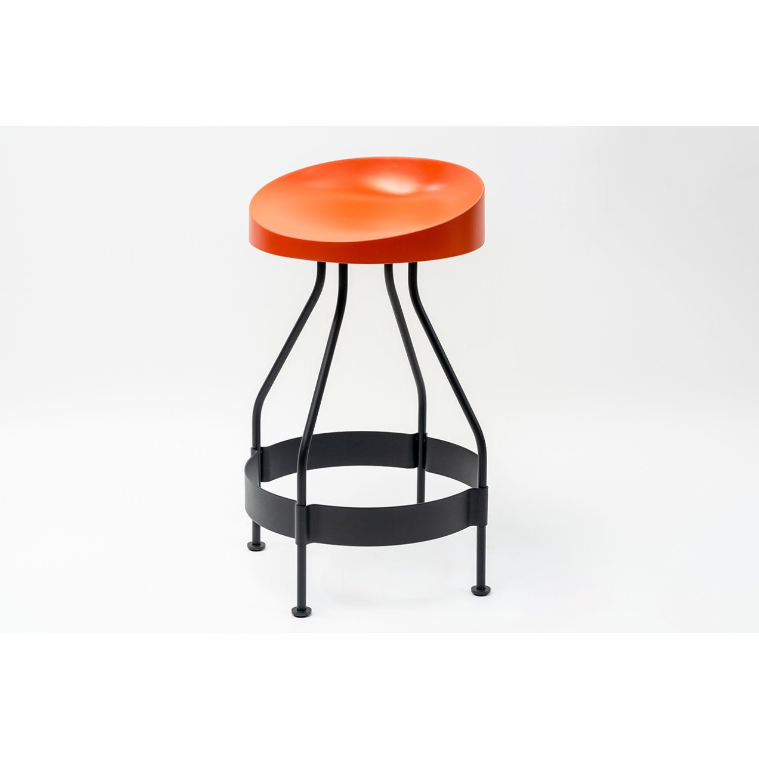 Olindias bar stool by Luca Nichetto
Materials: Shell: Dark green NCS 8010 B70G/Coral NCS 2570 Y70R/ Duck Blue NCS 6020 B10G/Warm 
 Light NCS 2002 Y50R lacquered Polyurethane
 Structure: Black powder-coated metal
Dimensions: W48. 2 x D48.2 x H83