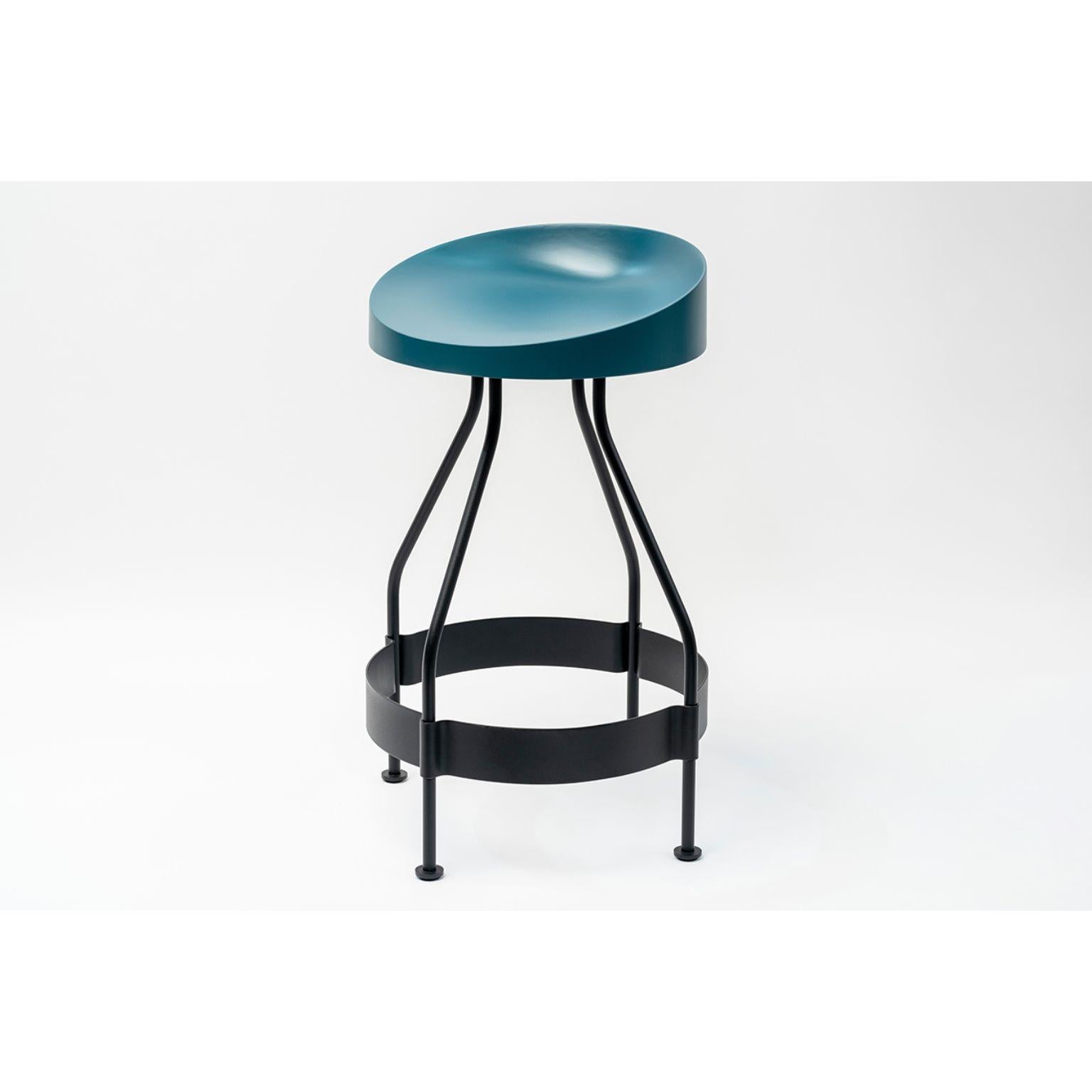 Olindias bar stool by Luca Nichetto
Materials: Shell: Dark green NCS 8010 B70G/Coral NCS 2570 Y70R/ Duck Blue NCS 6020 B10G/Warm Light 
 NCS 2002 Y50R lacquered Polyurethane
 Structure: Black powder-coated metal
Dimensions: W 48.2 x D 48.2 x H