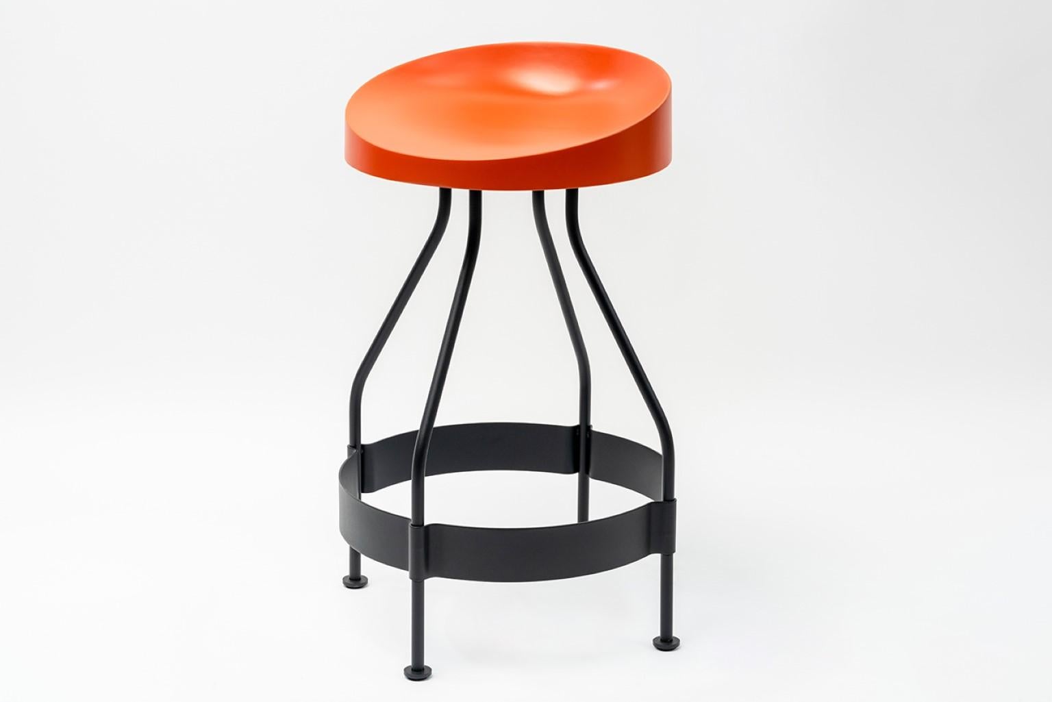 Olindias outdoor Tabouret by Luca Nichetto 
Dimensions: W 48 x D 48 x H 83 cm
Materials: Black powder coat metal structure, Seat in black/coral/duck blue/warm grey lacquered poliurethane

Olindias is a bar stool that can easily be adapted to all