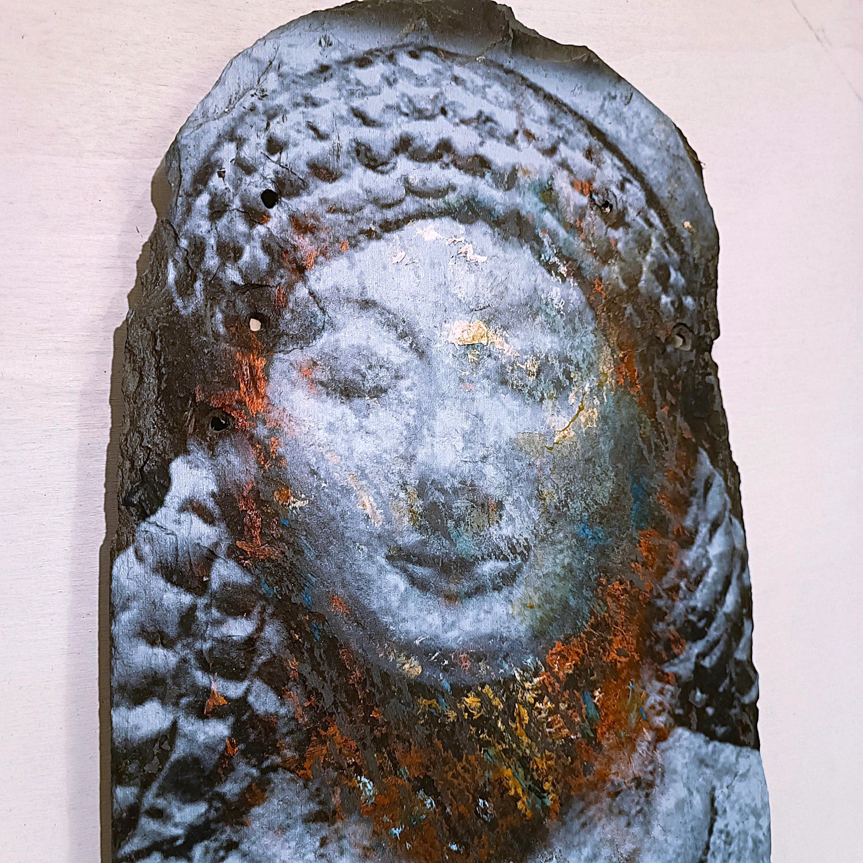 Oiled Oil on slate mythological Greek face of Kore -Alessandro La Motta For Sale