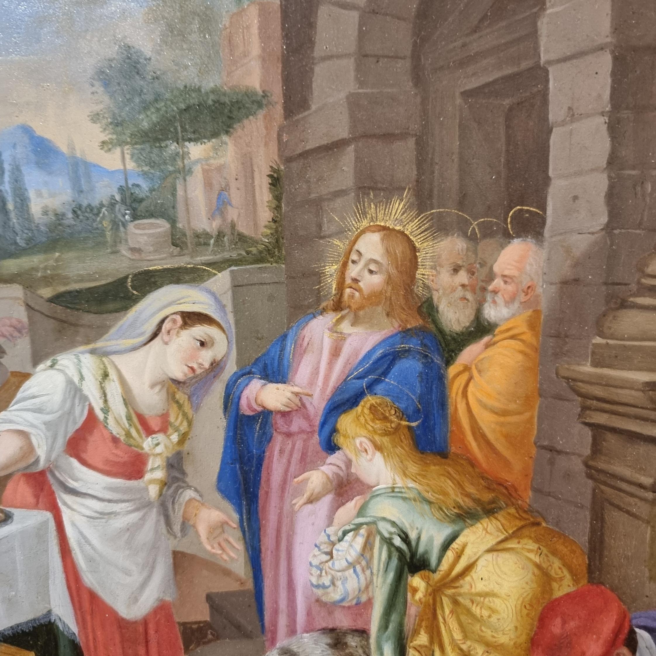 Óleo sobre cobre 800 Cristo en casa de Marta con María y Lázaro 19th Century en venta