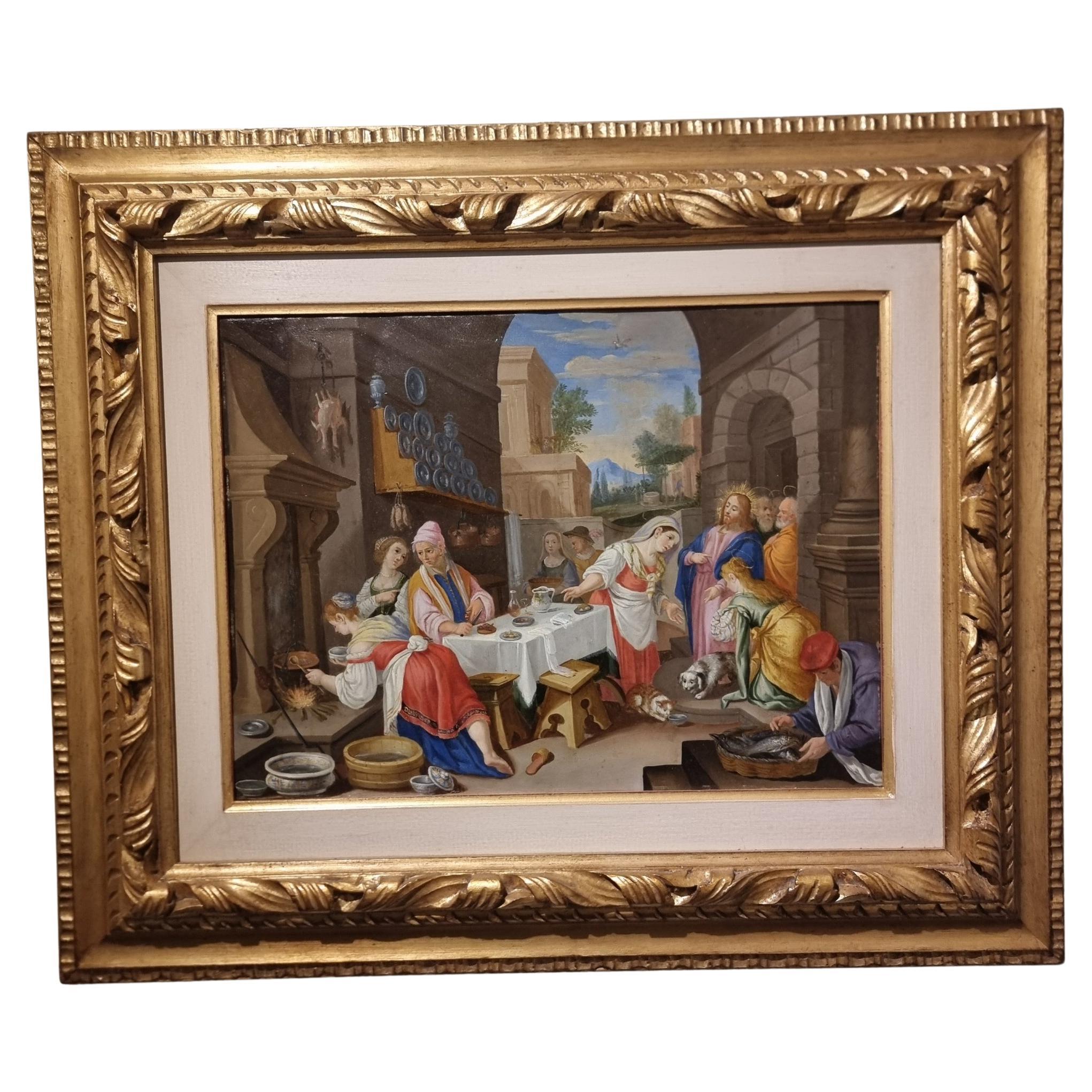 Óleo sobre cobre 800 Cristo en casa de Marta con María y Lázaro en venta