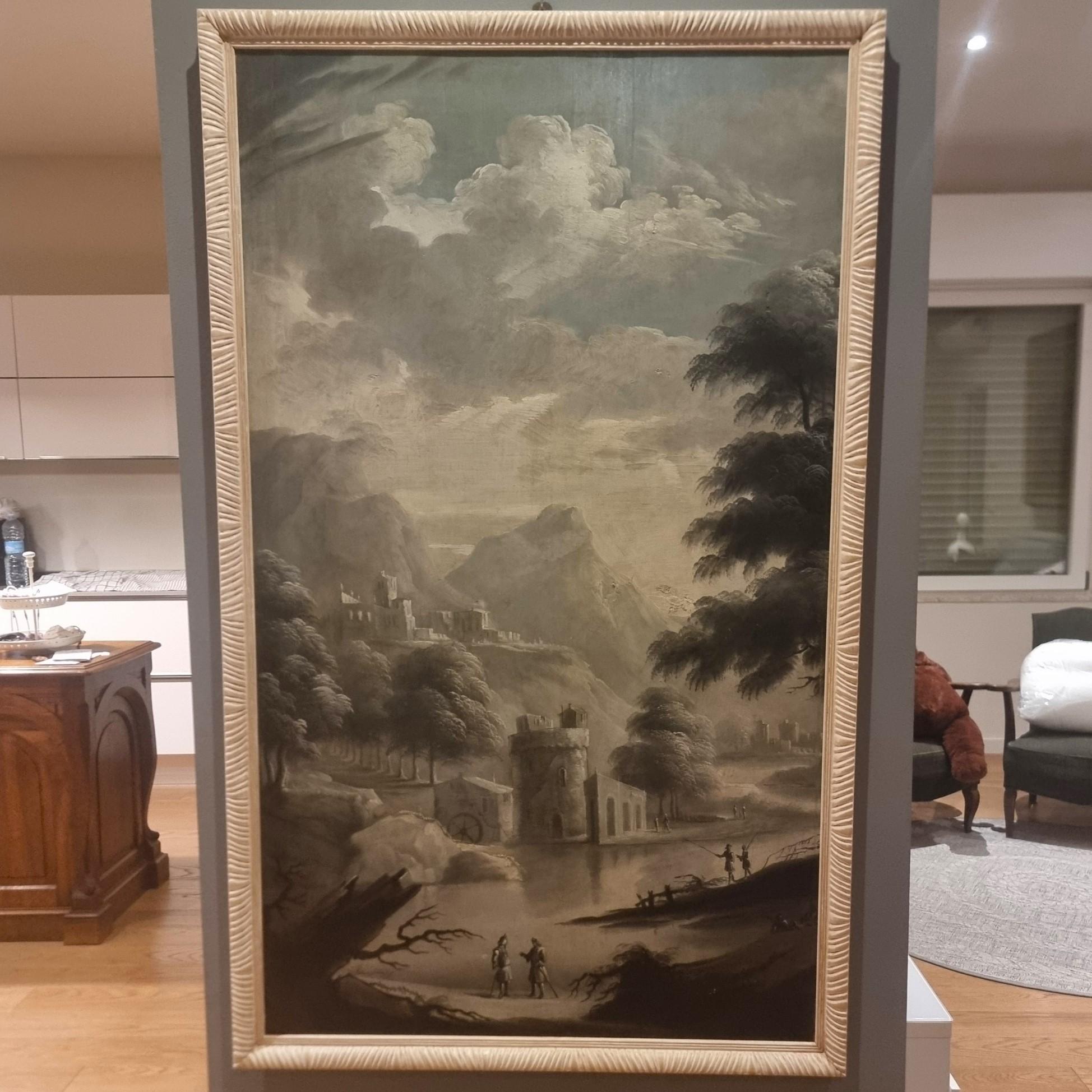 Olio su tavola lignea  700 grisaglia paesaggio Italiano Barroco en venta