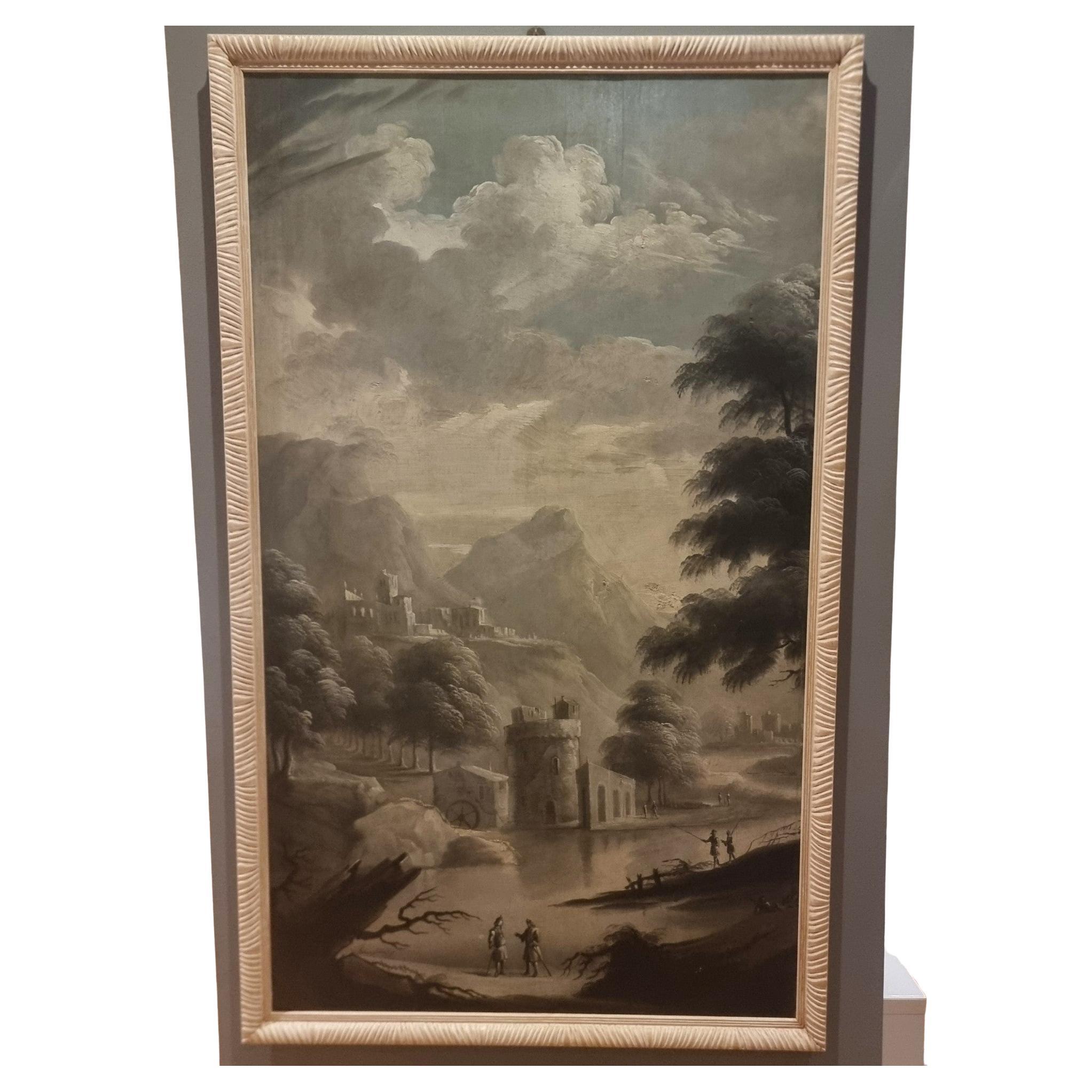 Olio su tavola lignea  700 grisaglia paesaggio Italiano