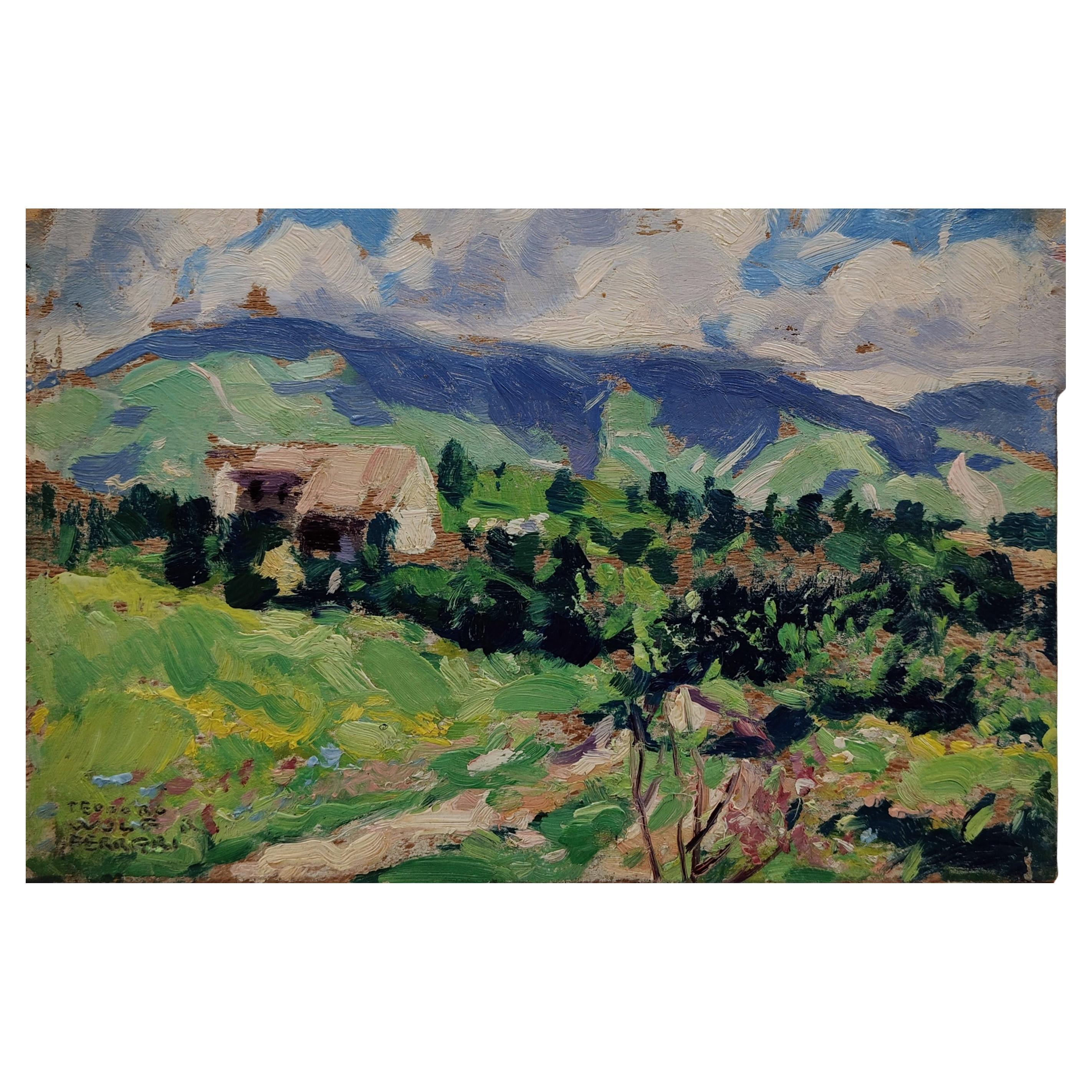 Olio su tavola Veduta del Monte Grappa e Boccaor, T. Wolf Ferrari - 1934, Italia