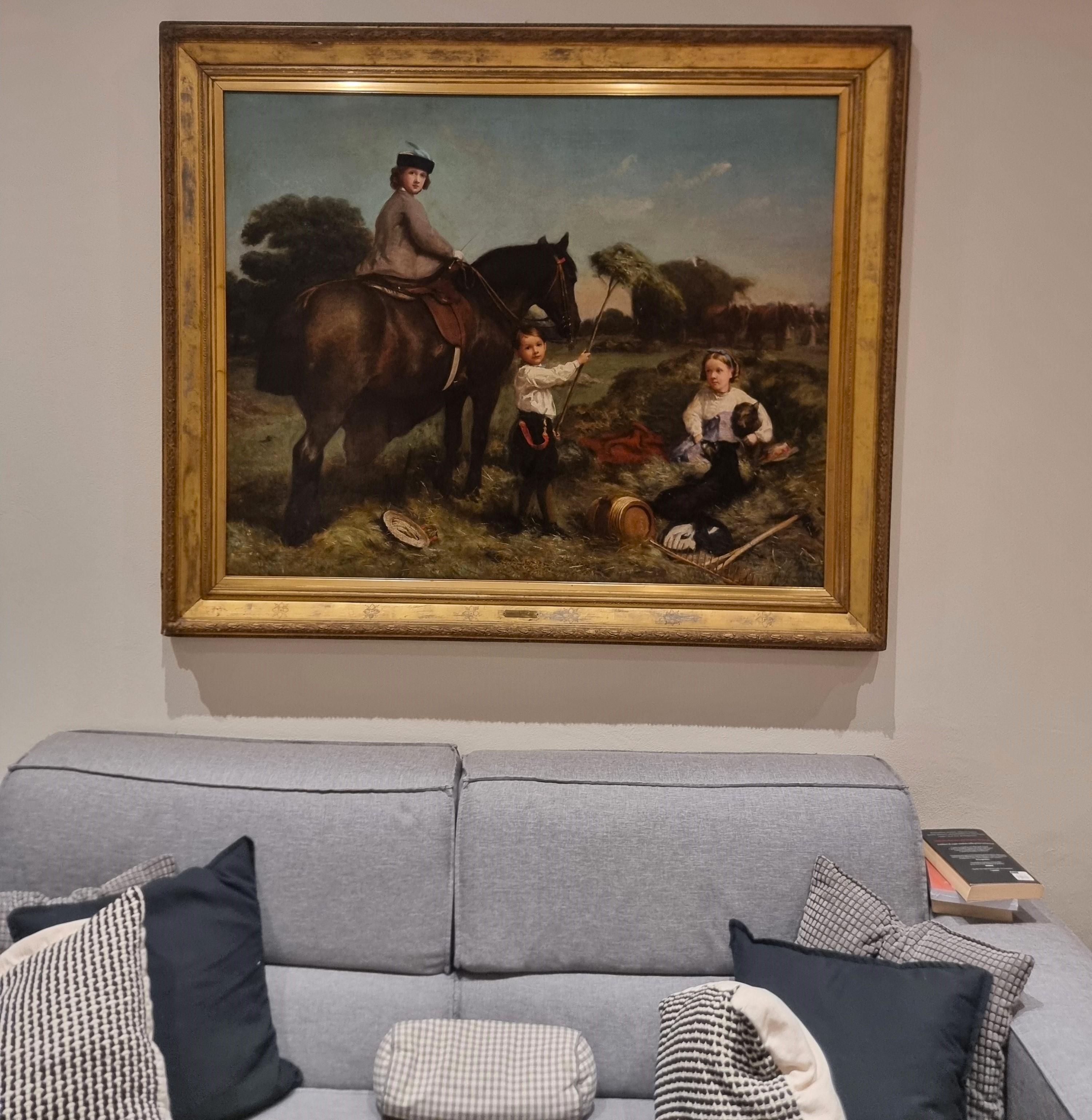 Romantico Olio su tela 800 paesaggio con dama a cavallo e fanciulli-Charles James 1851-190 in vendita