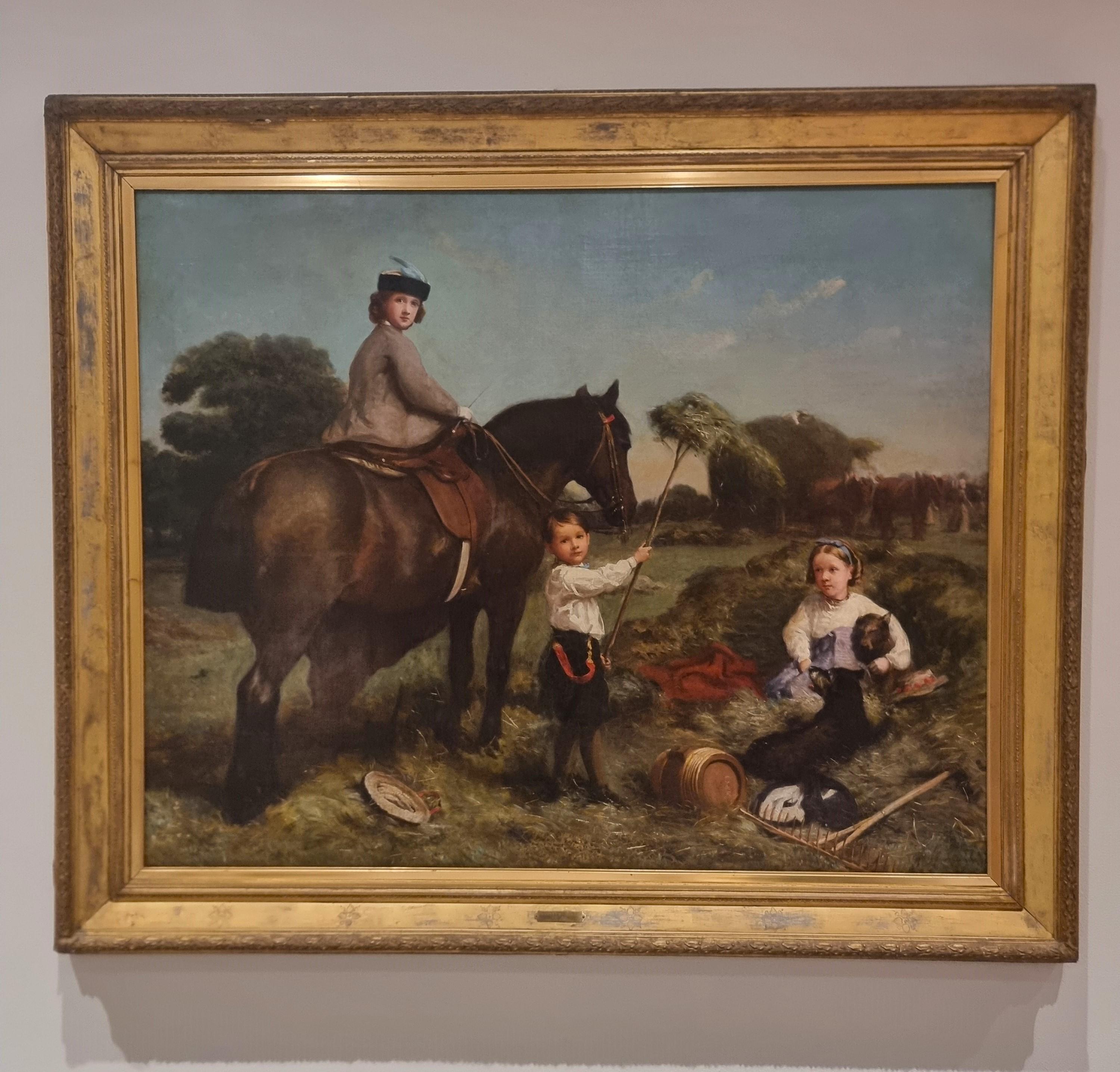 British Olio su tela 800 paesaggio con dama a cavallo e fanciulli-Charles James 1851-190 in vendita