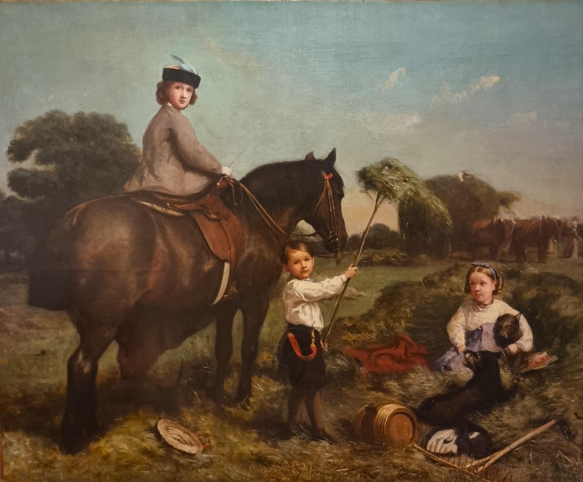 A olio Olio su tela 800 paesaggio con dama a cavallo e fanciulli-Charles James 1851-190 in vendita